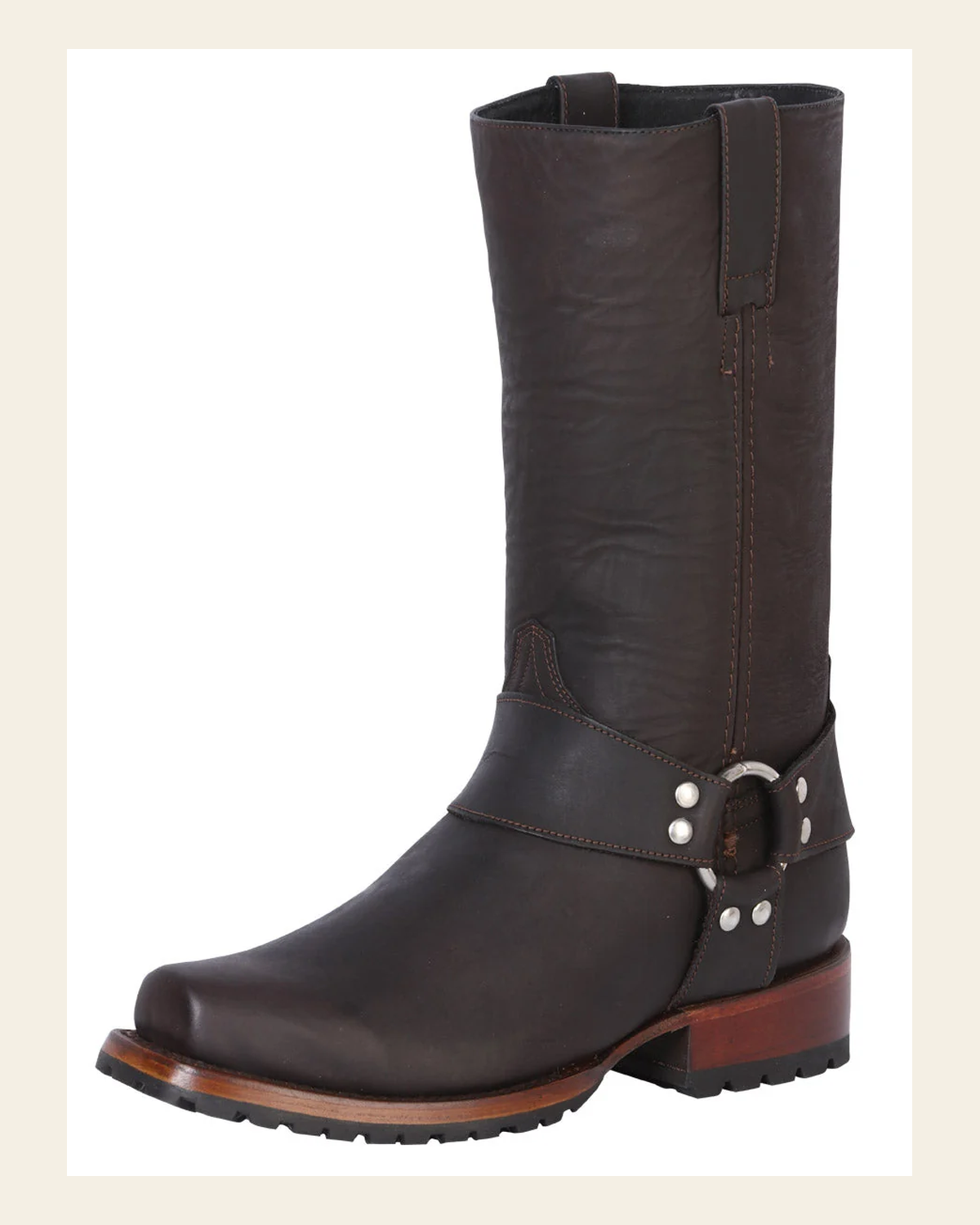 Rodeo Bravo x El General Men's Leather Biker Cowboy Boot - Crazy Dark Brown 40673 on a warm cream background