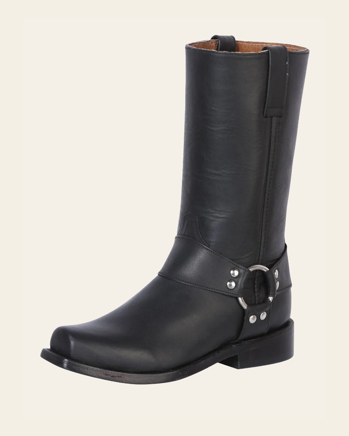 Rodeo Bravo x El General Men's Leather Biker Cowboy Boot - Waxy Black 134 on a warm cream background