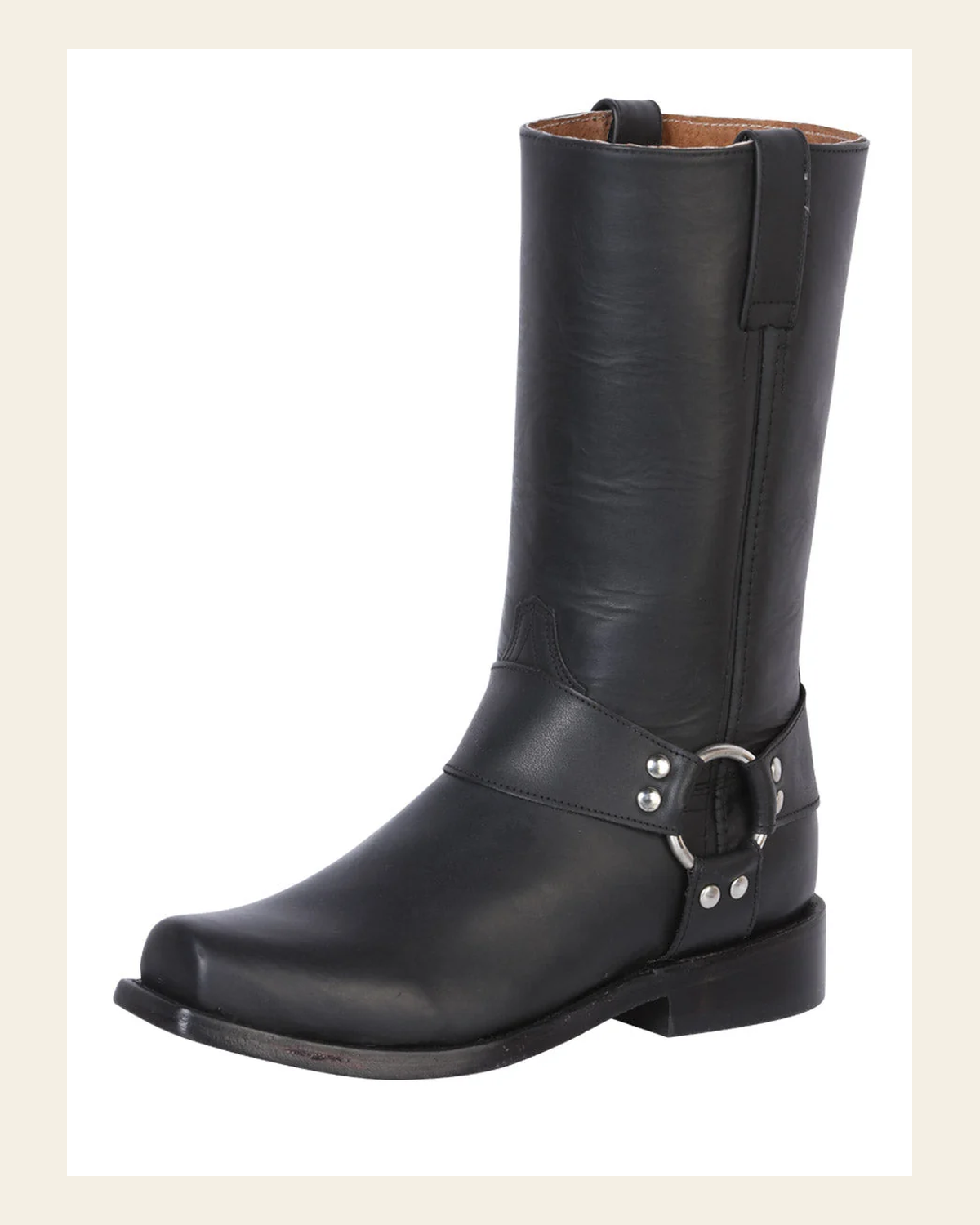 Rodeo Bravo x El General Men's Leather Biker Cowboy Boot - Waxy Black 134 on a warm cream background