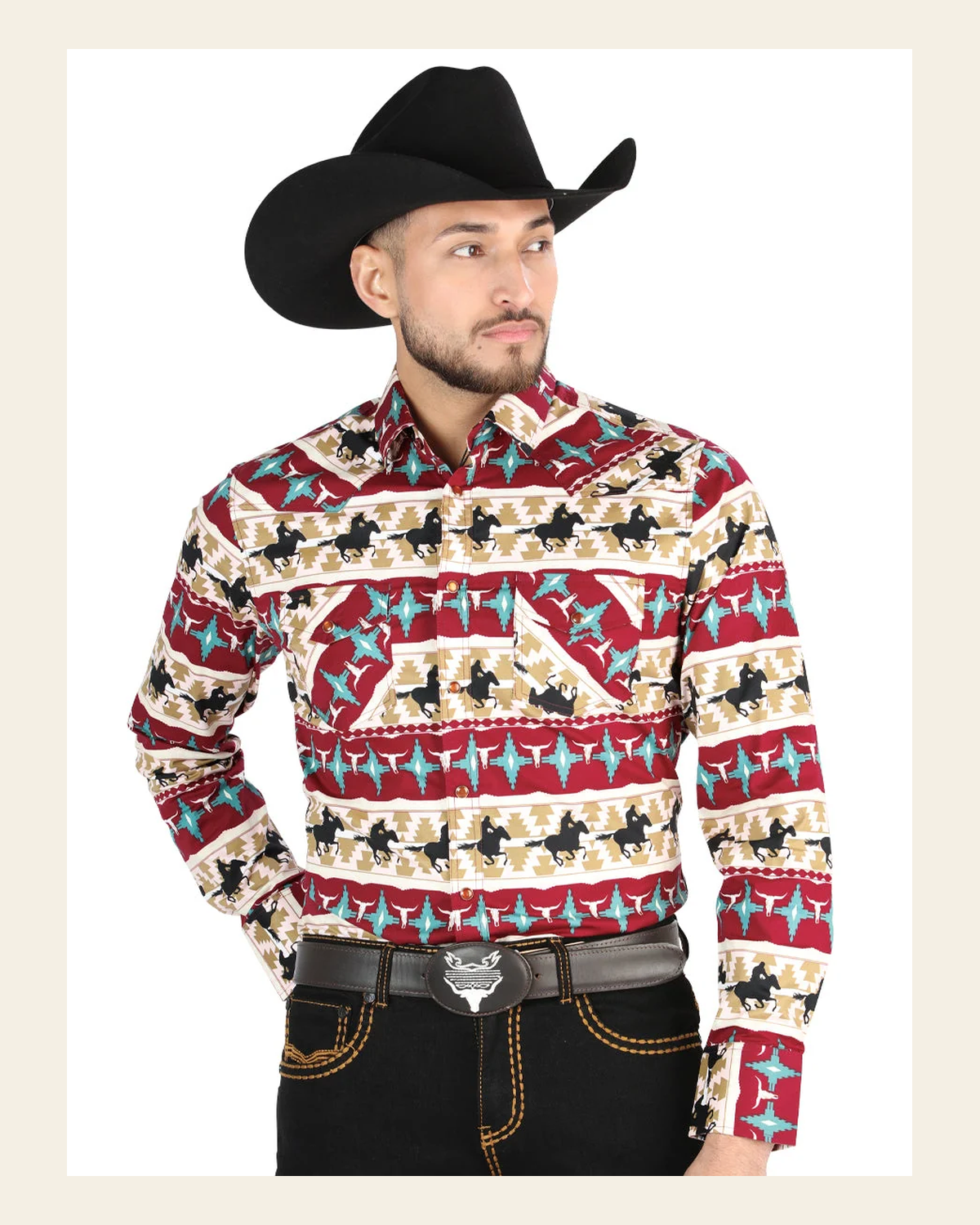 Men’s Long Sleeve Snap Button Western Shirt - Burgandy 44476 on a warm cream background