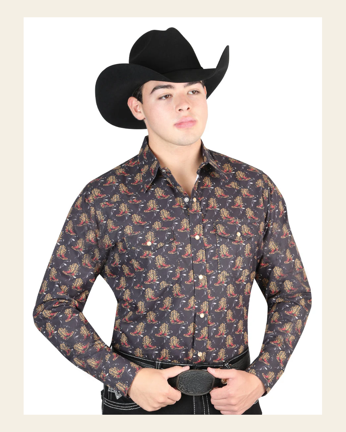 Men's Long Sleeve Western Fashion Snap Button Shirt - Black/Red 44304 on a warm cream background