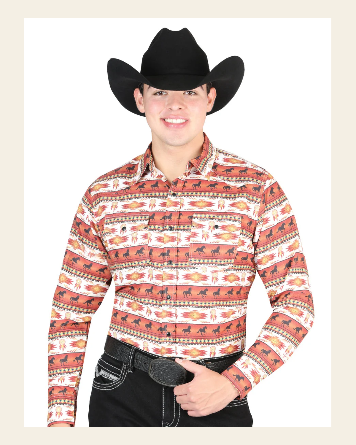 El General Men's Long Sleeve Western Fashion Snap Button Shirt - Brick Red 44315 on a warm cream background