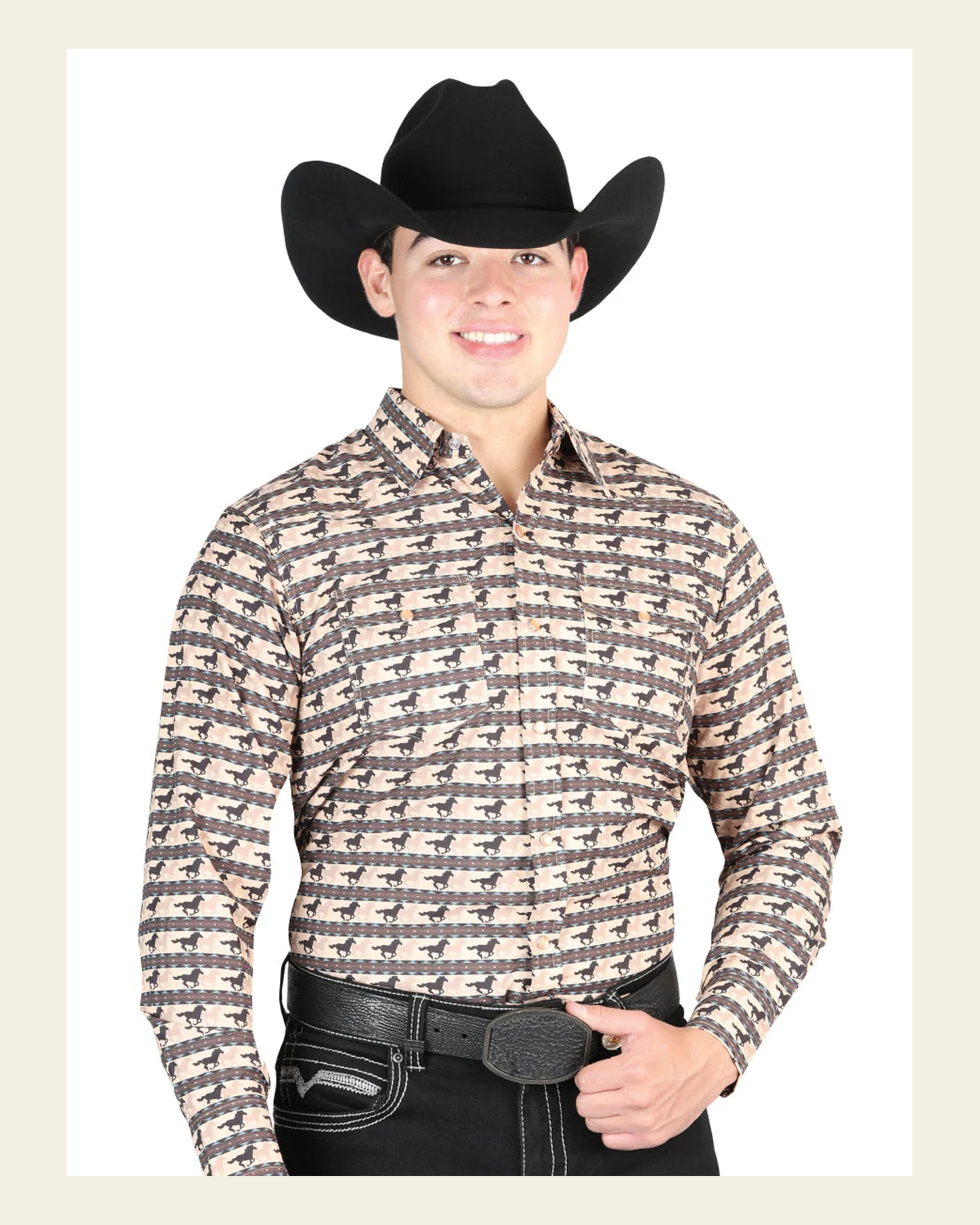 El General Men’s Long Sleeve Snap Button Western Shirt - Brick Red44329 on a warm cream background