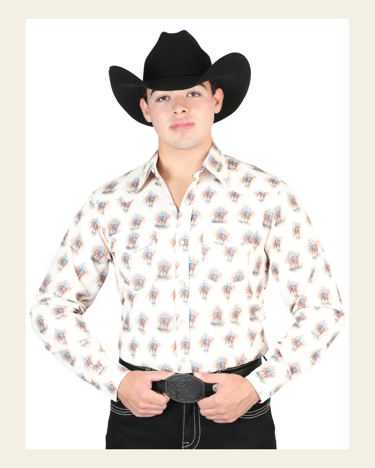 El General Men's Long Sleeve Western Fashion Snap Button Shirt - Brown 44307 on a warm cream background