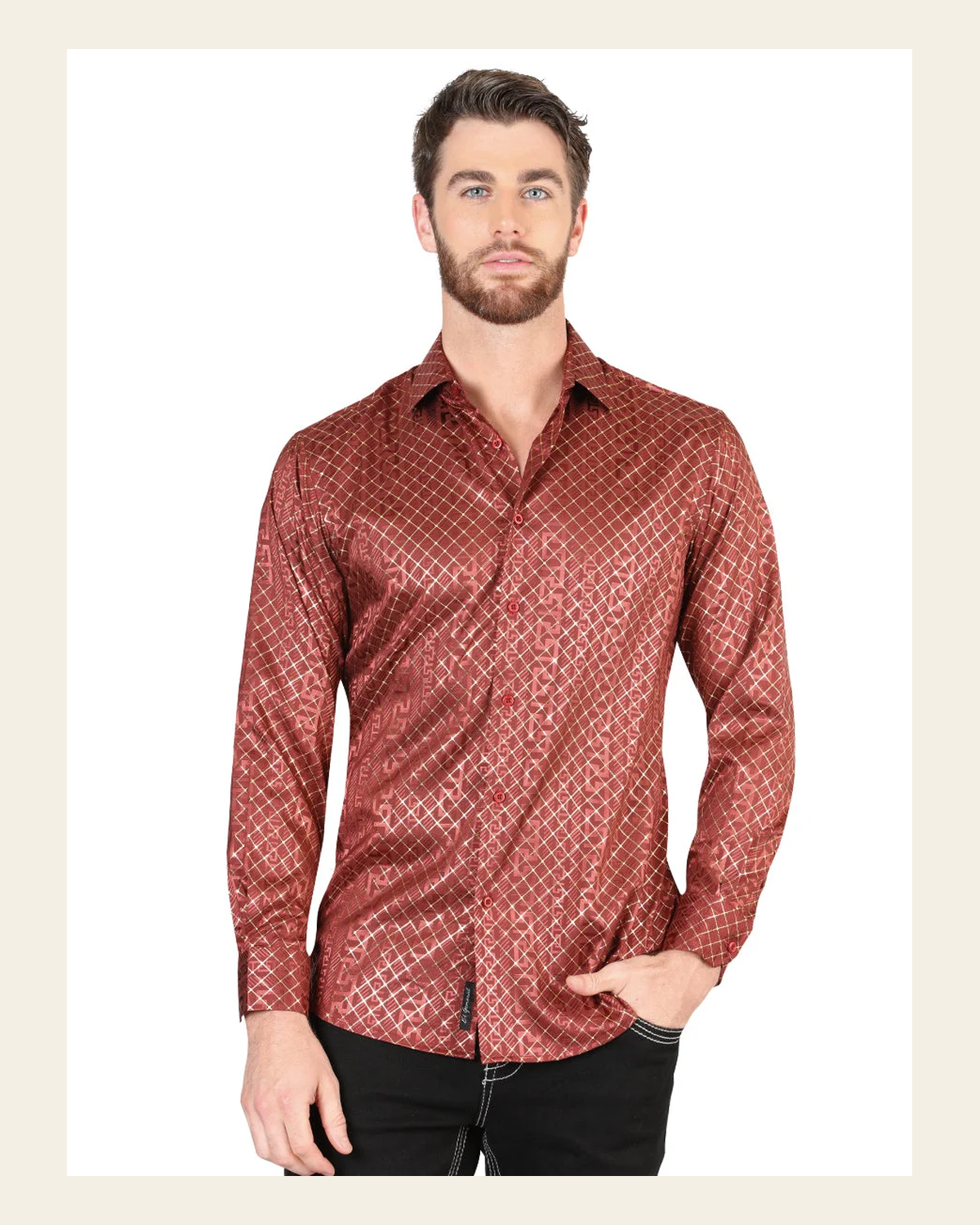 El General Burgundy Casual Long-Sleeve Shirt 44552 on a warm cream background