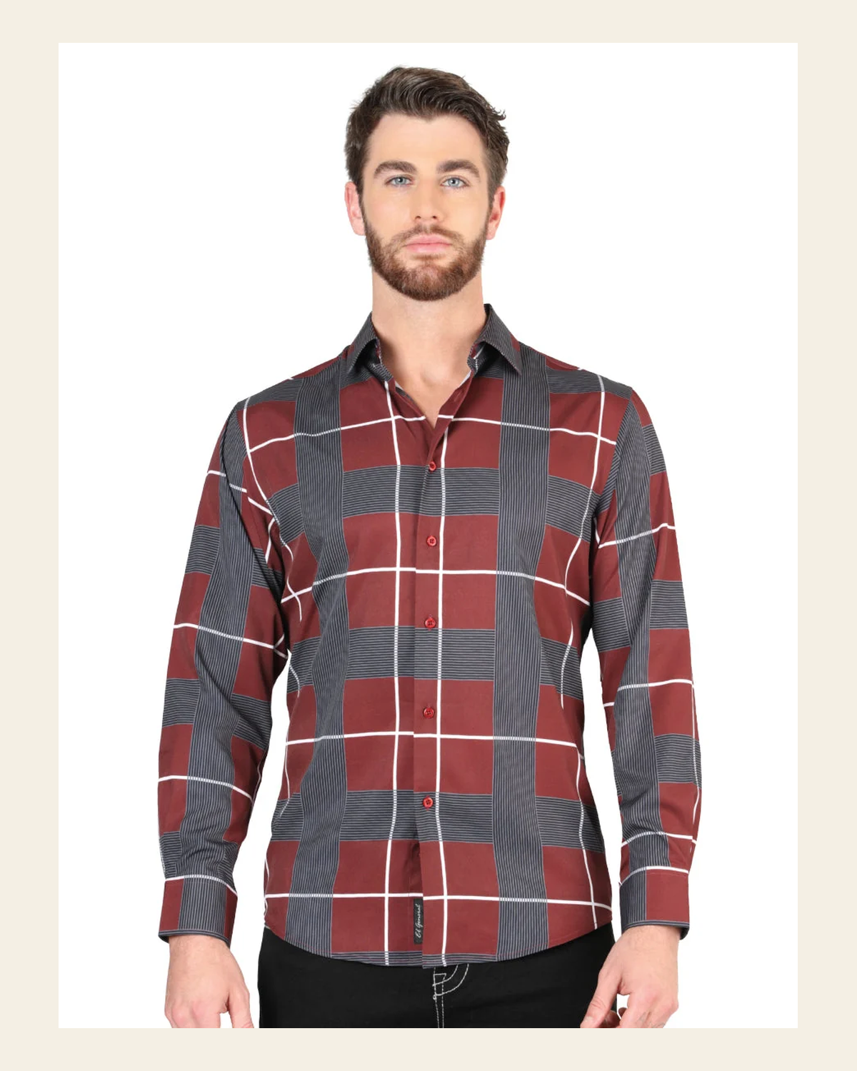 El General Burgundy Casual Long-Sleeve Shirt 44603 on a warm cream background