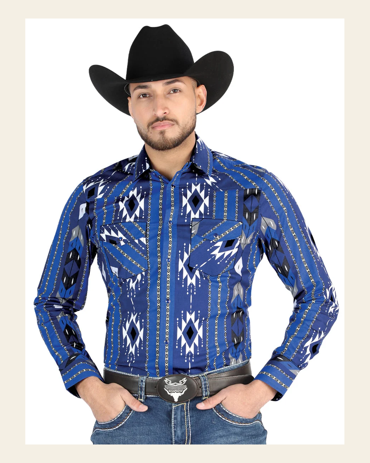 Men’s Long Sleeve Snap Button Western Shirt - Blue 44474 on a warm cream background