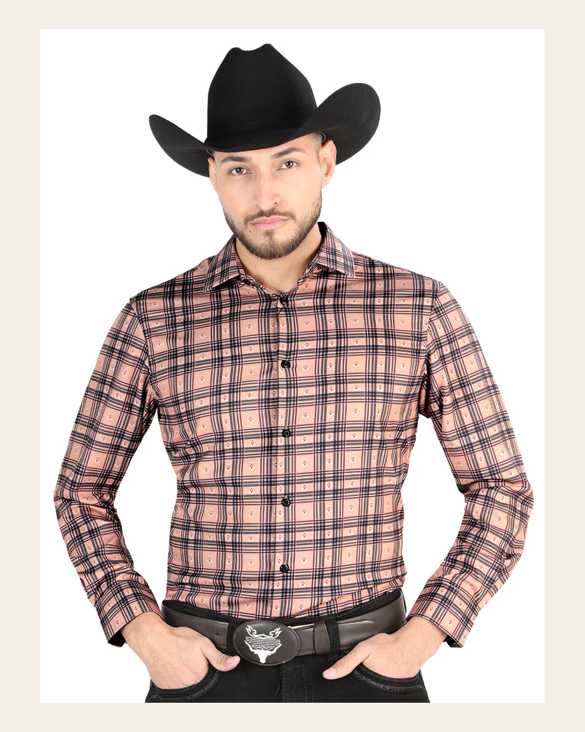 El General - Casual Long-Sleeve Shirt - Beige/Black 44697 on a warm cream background