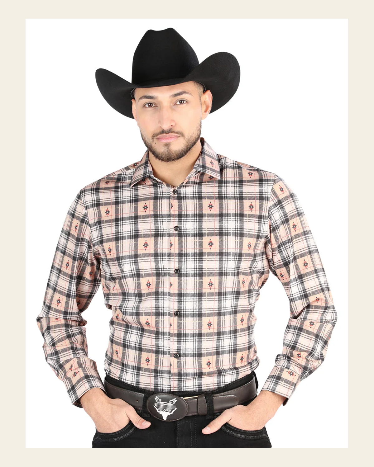 El General - Casual Long Sleeve Shirt - Beige/Black 44698 on a warm cream background