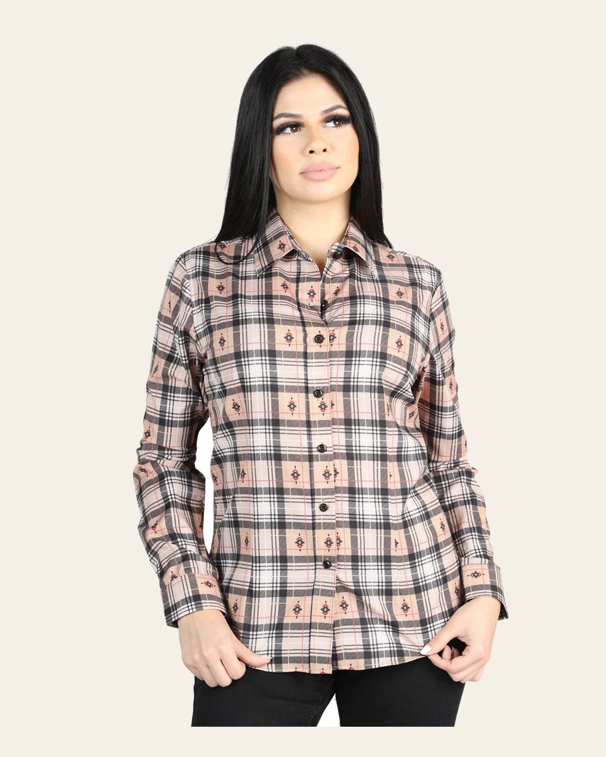 El General - Casual Long-Sleeve Shirt - Beige/Black 44715 on a warm cream background