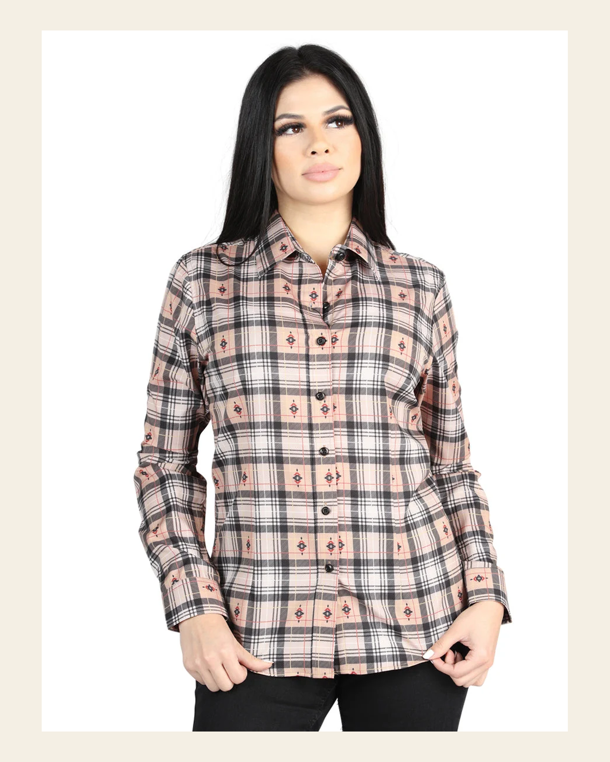 El General - Casual Long-Sleeve Shirt - Beige/Black 44715 on a warm cream background