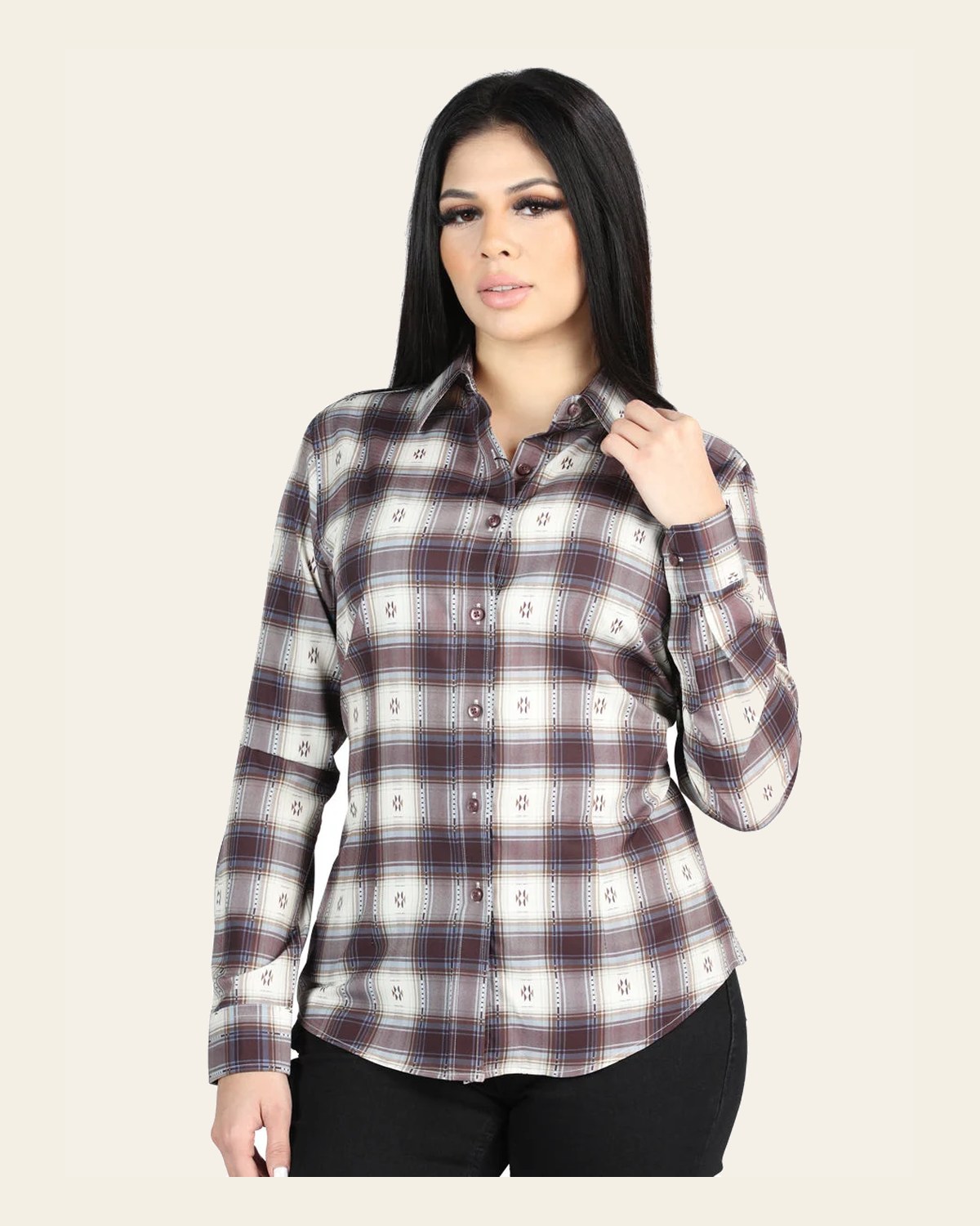 El General - Casual Long-Sleeve Shirt - Beige/Burgandy 44730 on a warm cream background