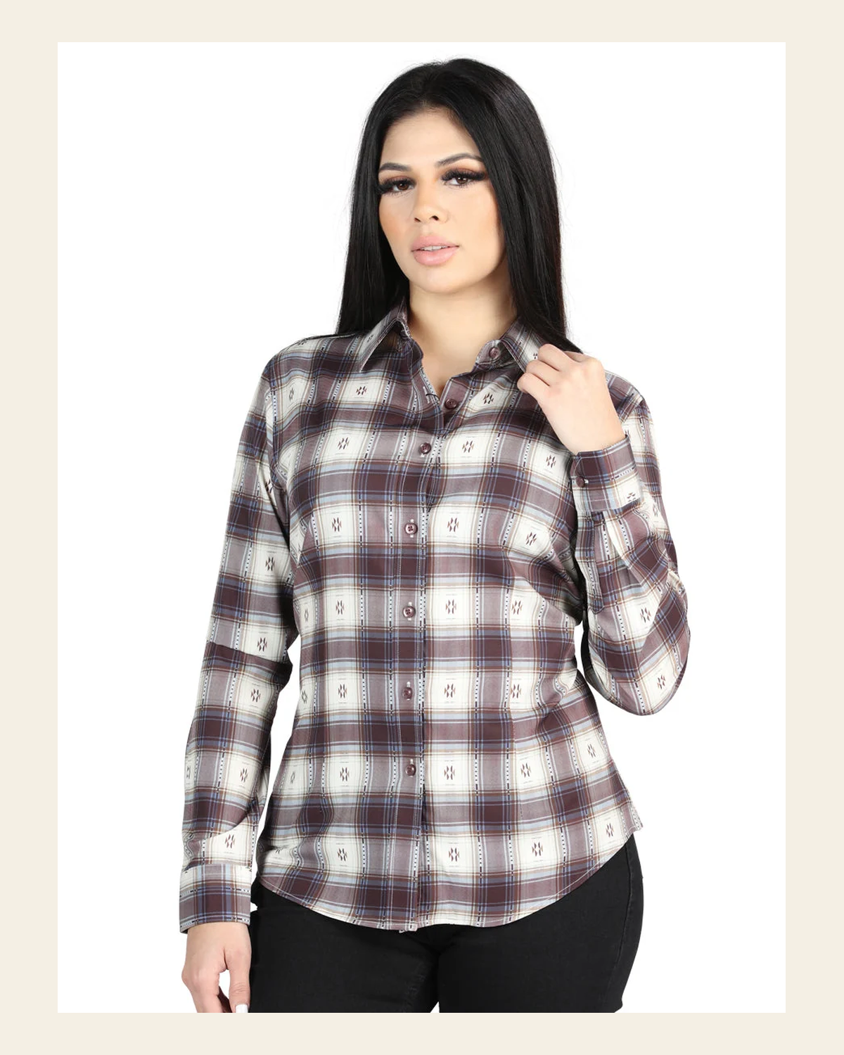 El General - Casual Long-Sleeve Shirt - Beige/Burgandy 44730 on a warm cream background