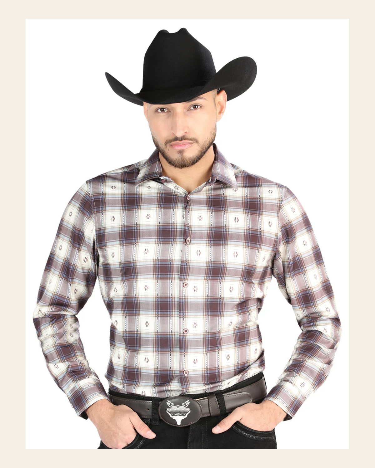 El General - Casual Long Sleeve Shirt - Beige/Burgundy 44713 on a warm cream background