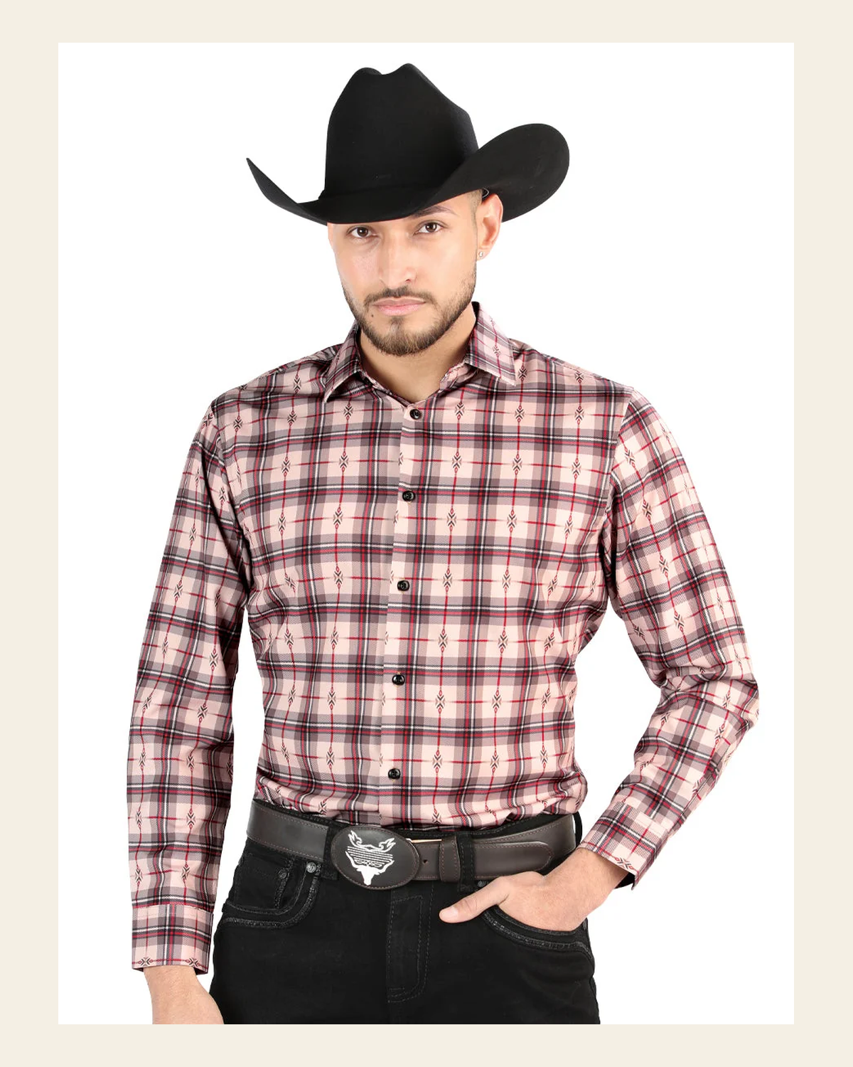 El General - Casual Long-Sleeve Shirt - Beige/Red 44711 on a warm cream background