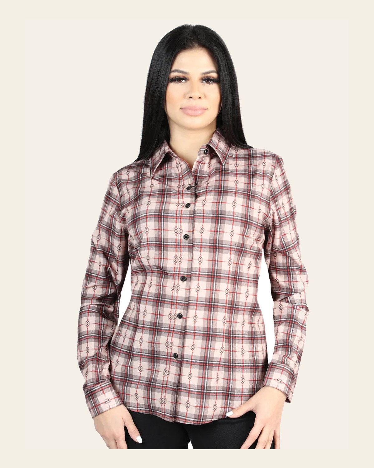El General - Casual Long-Sleeve Shirt - Beige/Red 44728 on a warm cream background