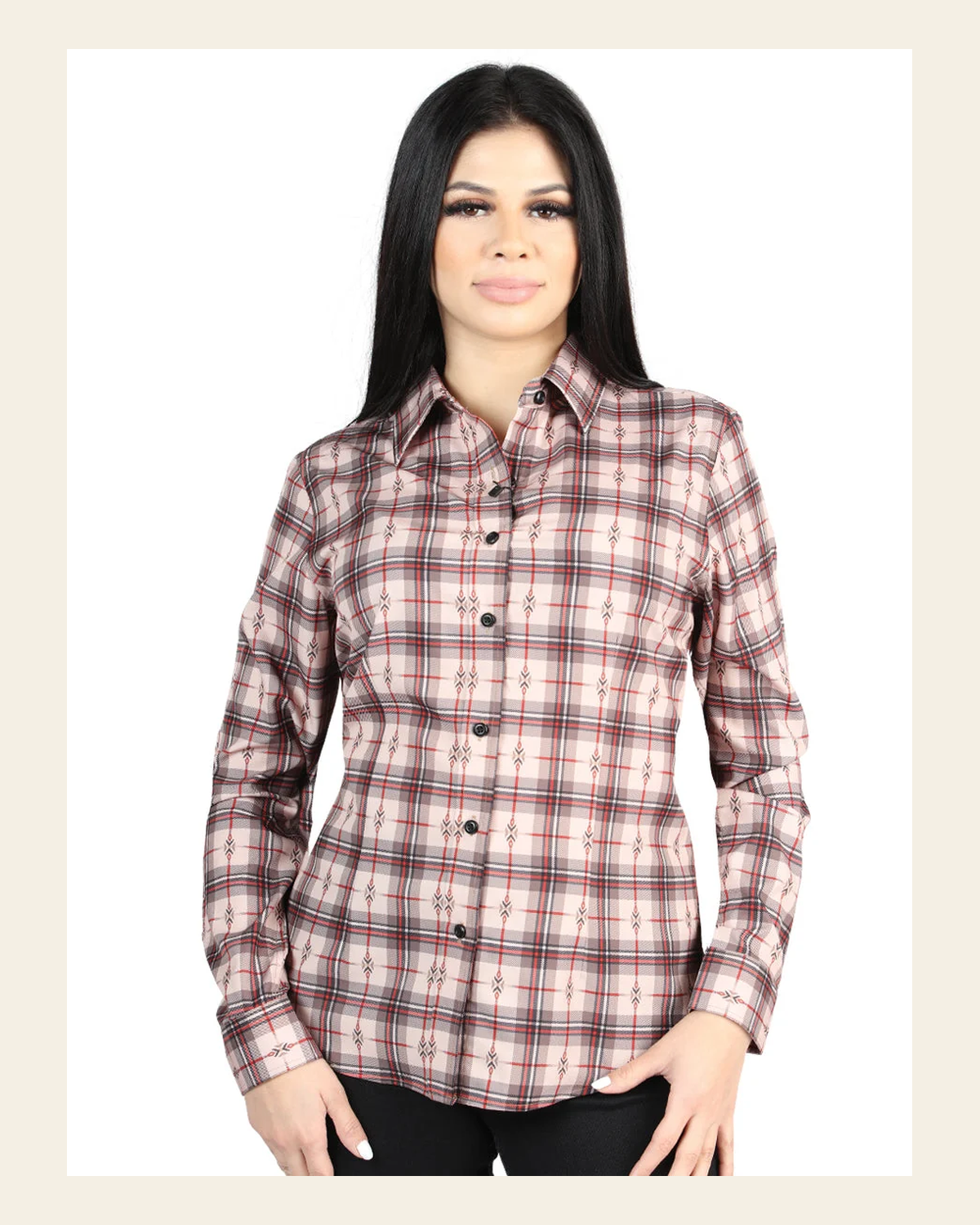 El General - Casual Long-Sleeve Shirt - Beige/Red 44728 on a warm cream background