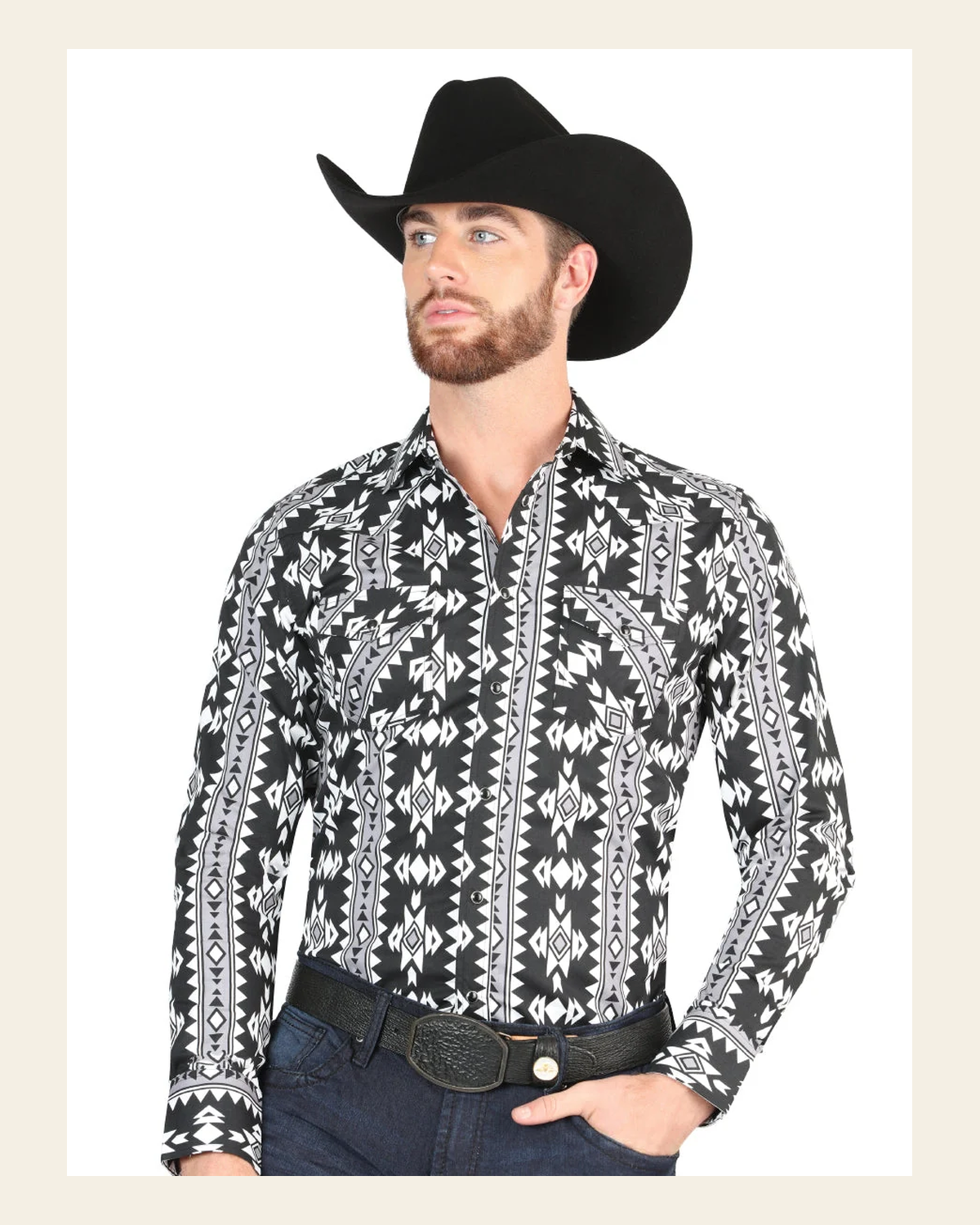 Men’s Long Sleeve Snap Button Western Shirt - Black 44399 on a warm cream background