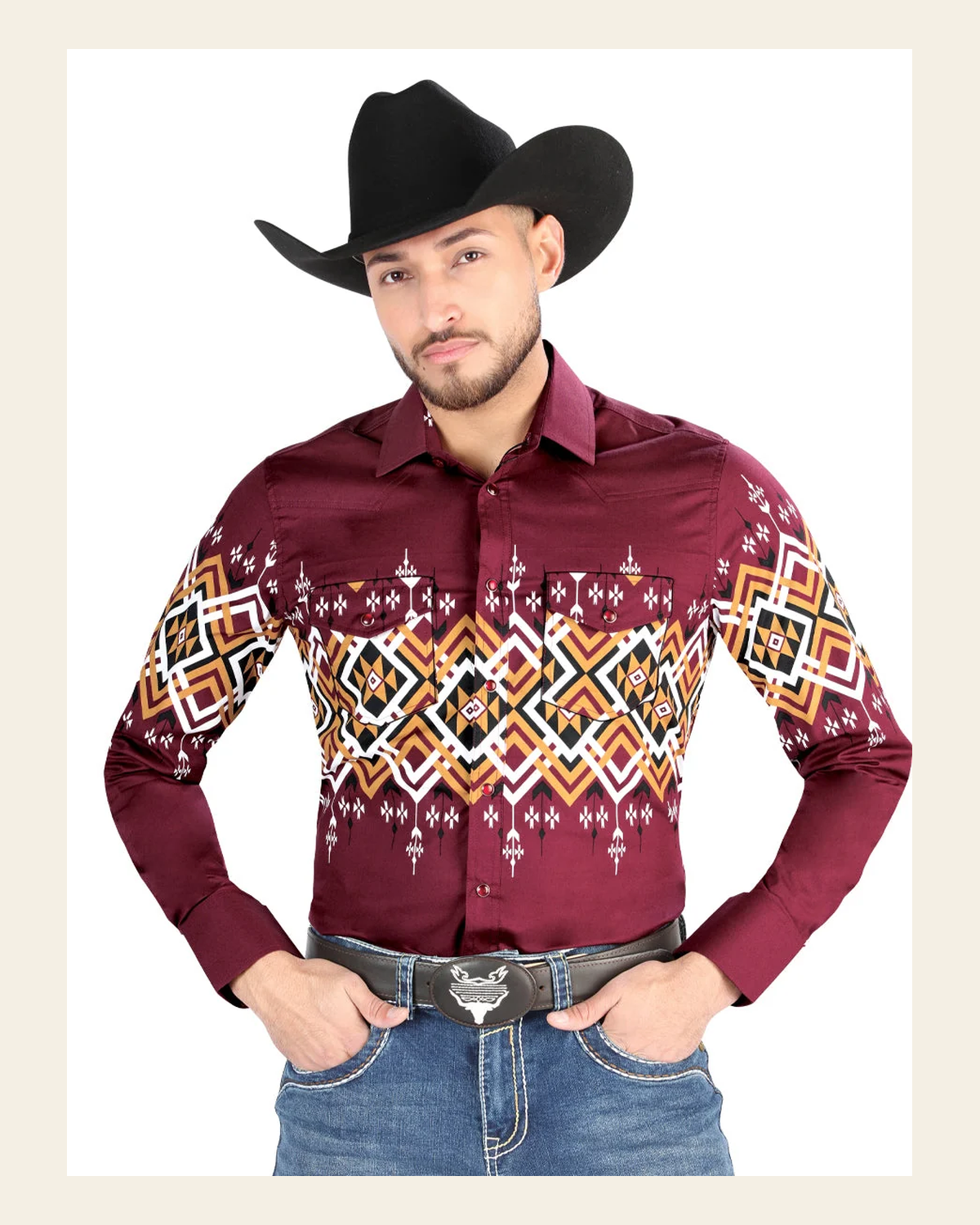 Men’s Long Sleeve Snap Button Western Shirt - Black 44450 on a warm cream background