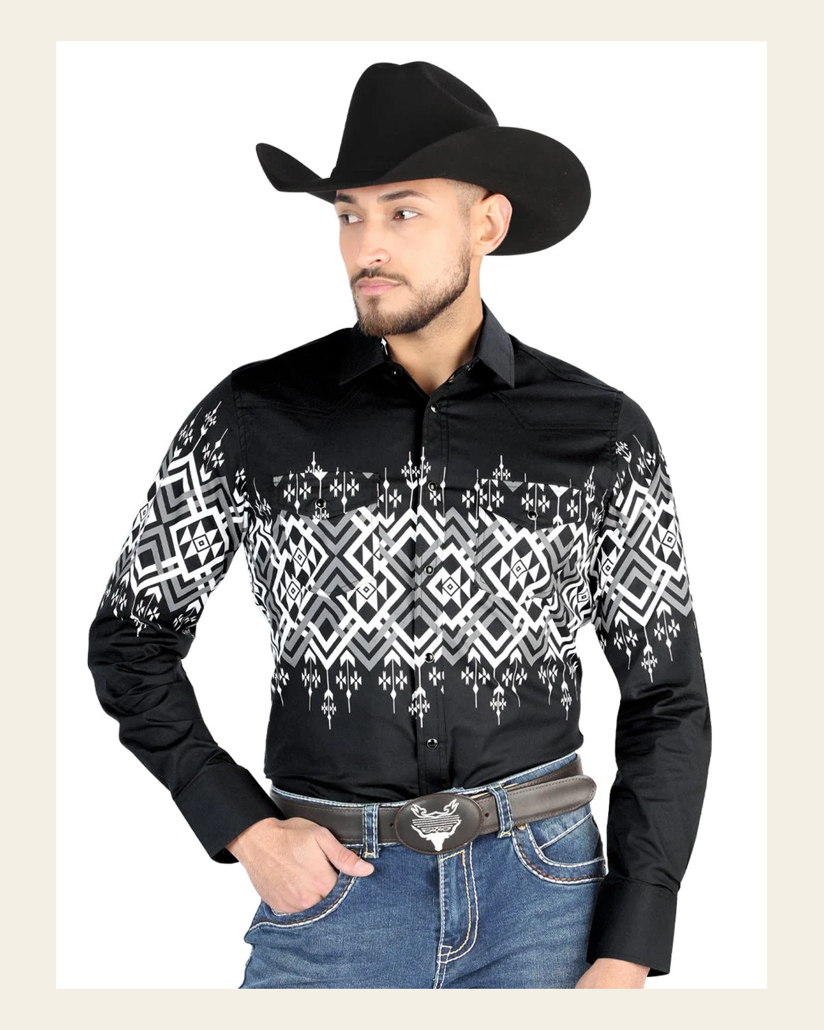 Men’s Long Sleeve Snap Button Western Shirt - Black 44451 on a warm cream background
