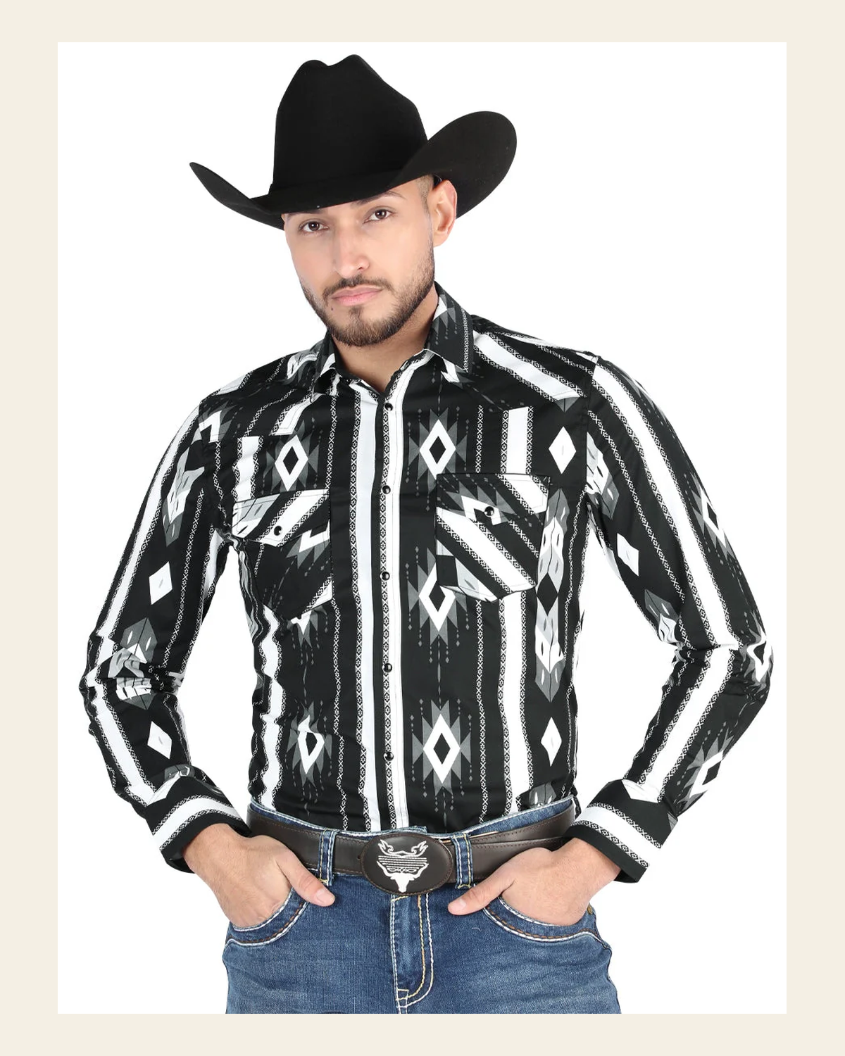 Men’s Long Sleeve Snap Button Western Shirt - Black 44475 on a warm cream background