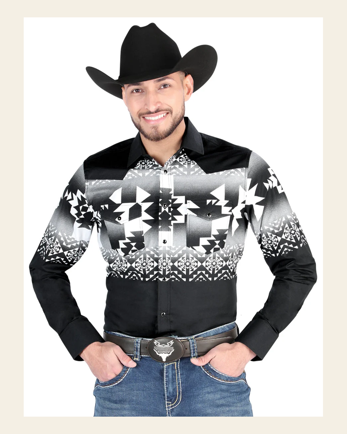 Men’s Long Sleeve Western Snap Button Shirt - Black 44485 on a warm cream background
