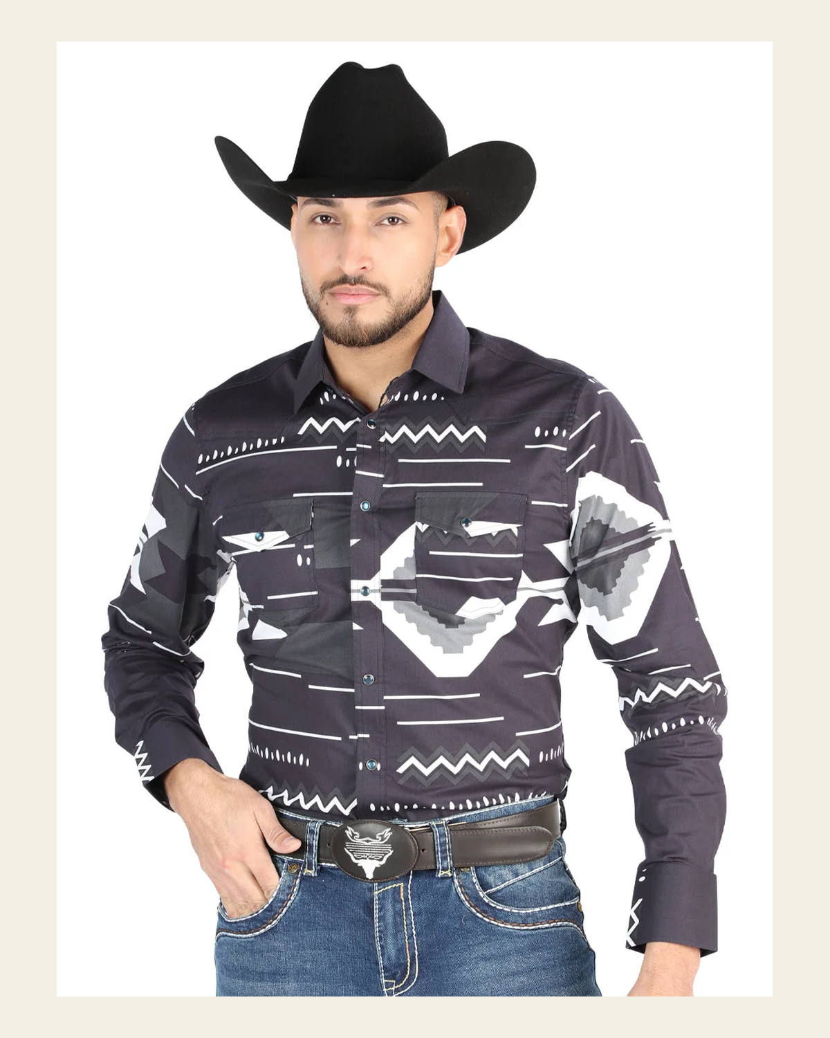 Men’s Long Sleeve Snap Button Western Shirt - Black 44500 on a warm cream background