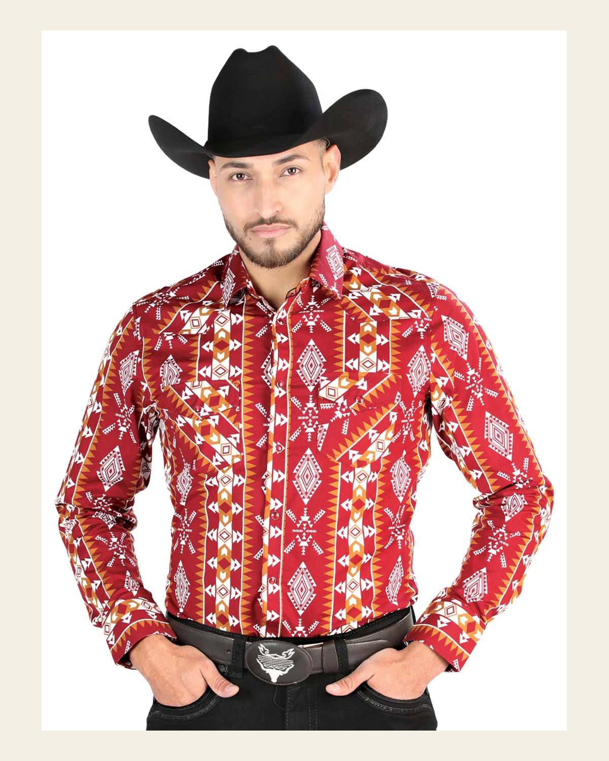 Men’s Long Sleeve Snap Button Western Shirt - Black 44503 on a warm cream background