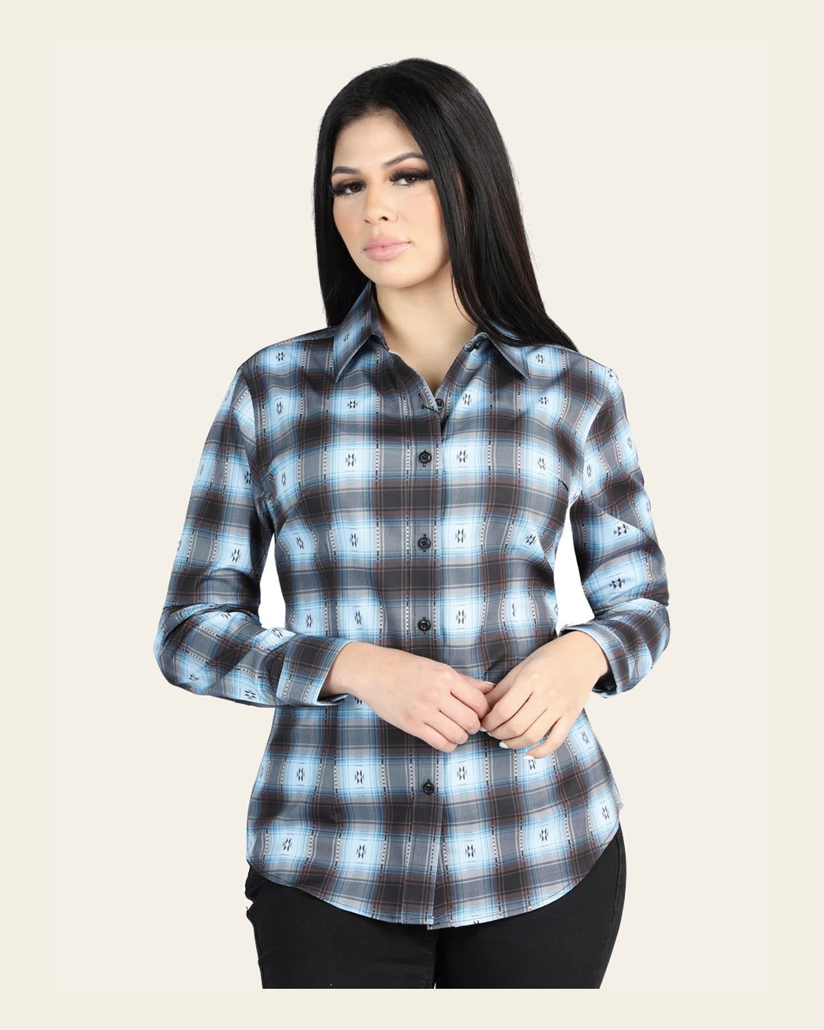 El General - Casual Long-Sleeve Shirt - Black/Beige 44719 on a warm cream background