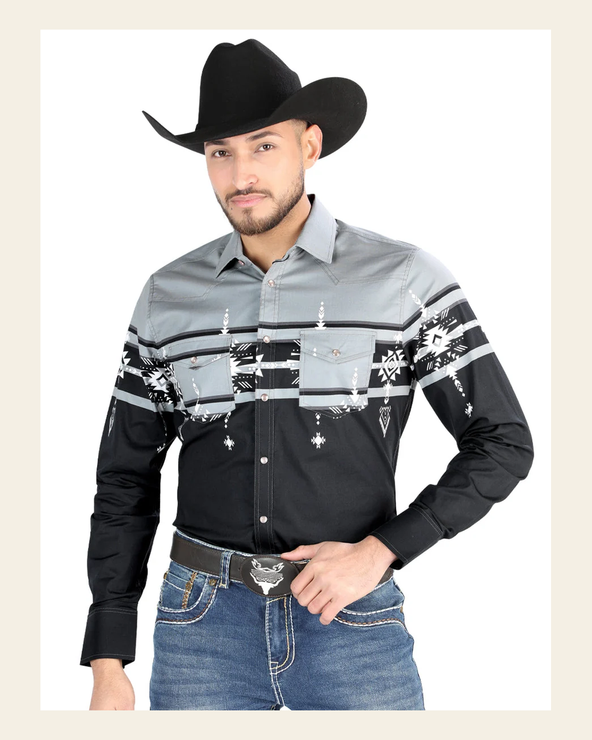 Men’s Long Sleeve Snap Button Western Shirt - Black/Gray 44452 on a warm cream background