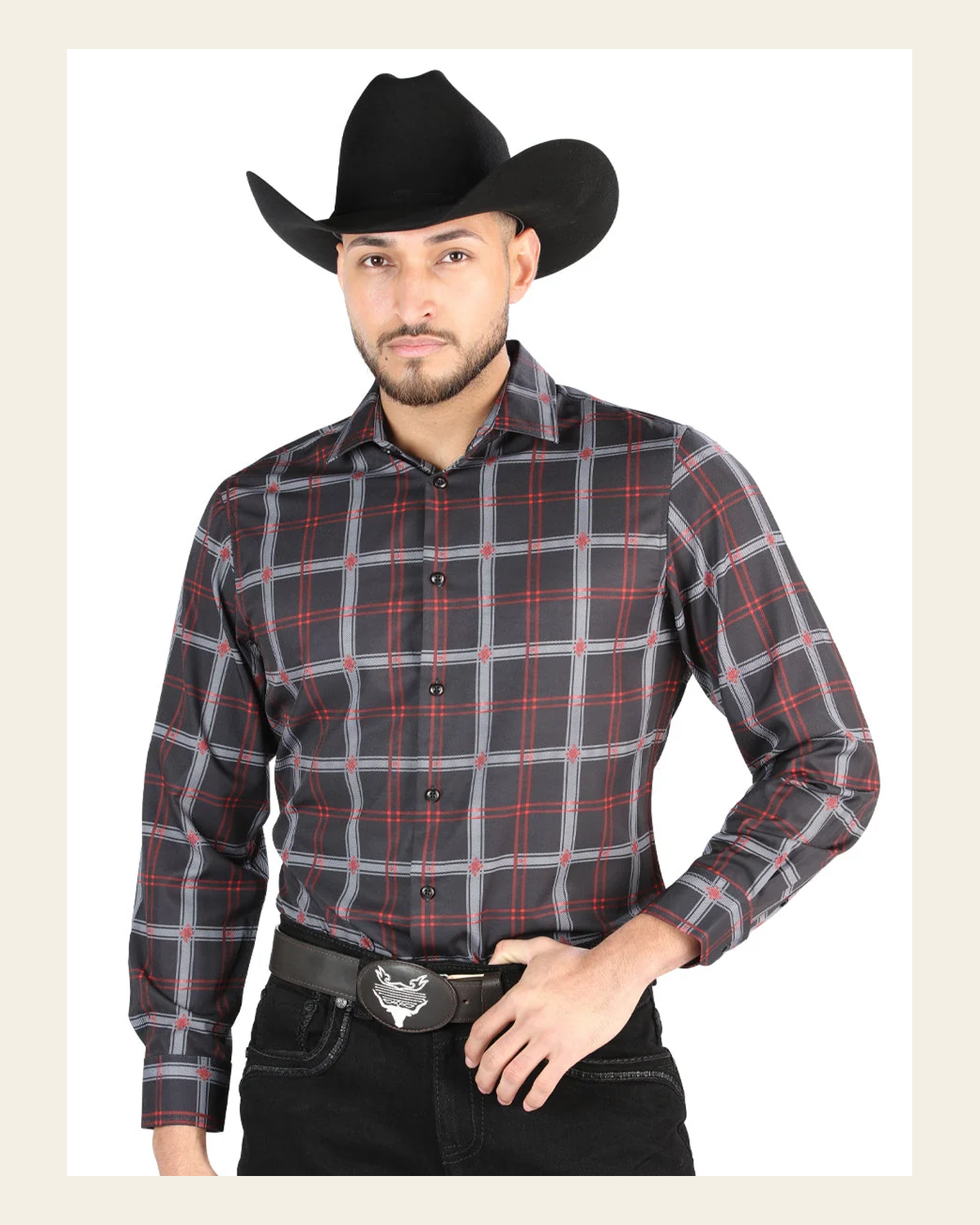 El General - Casual Long Sleeve Shirt - Black/Gray 44709 on a warm cream background