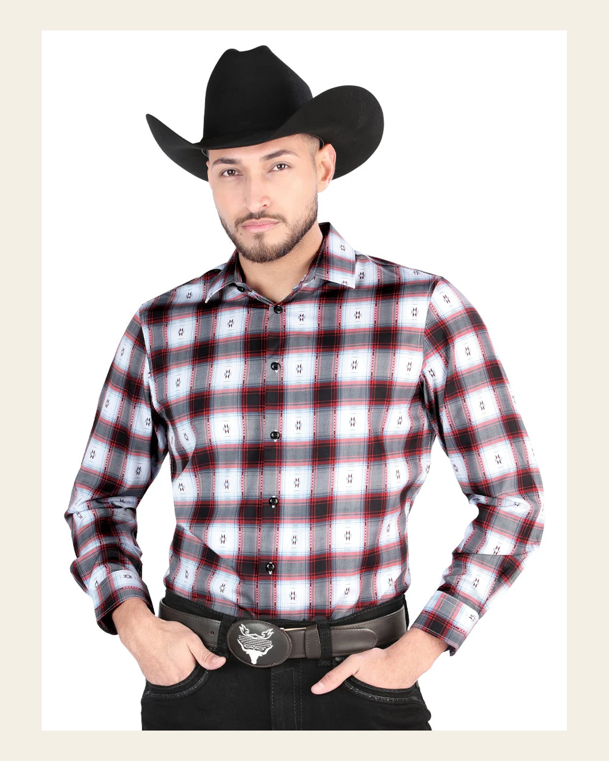 El General - Casual Long Sleeve Shirt - Black/Red 44701 on a warm cream background