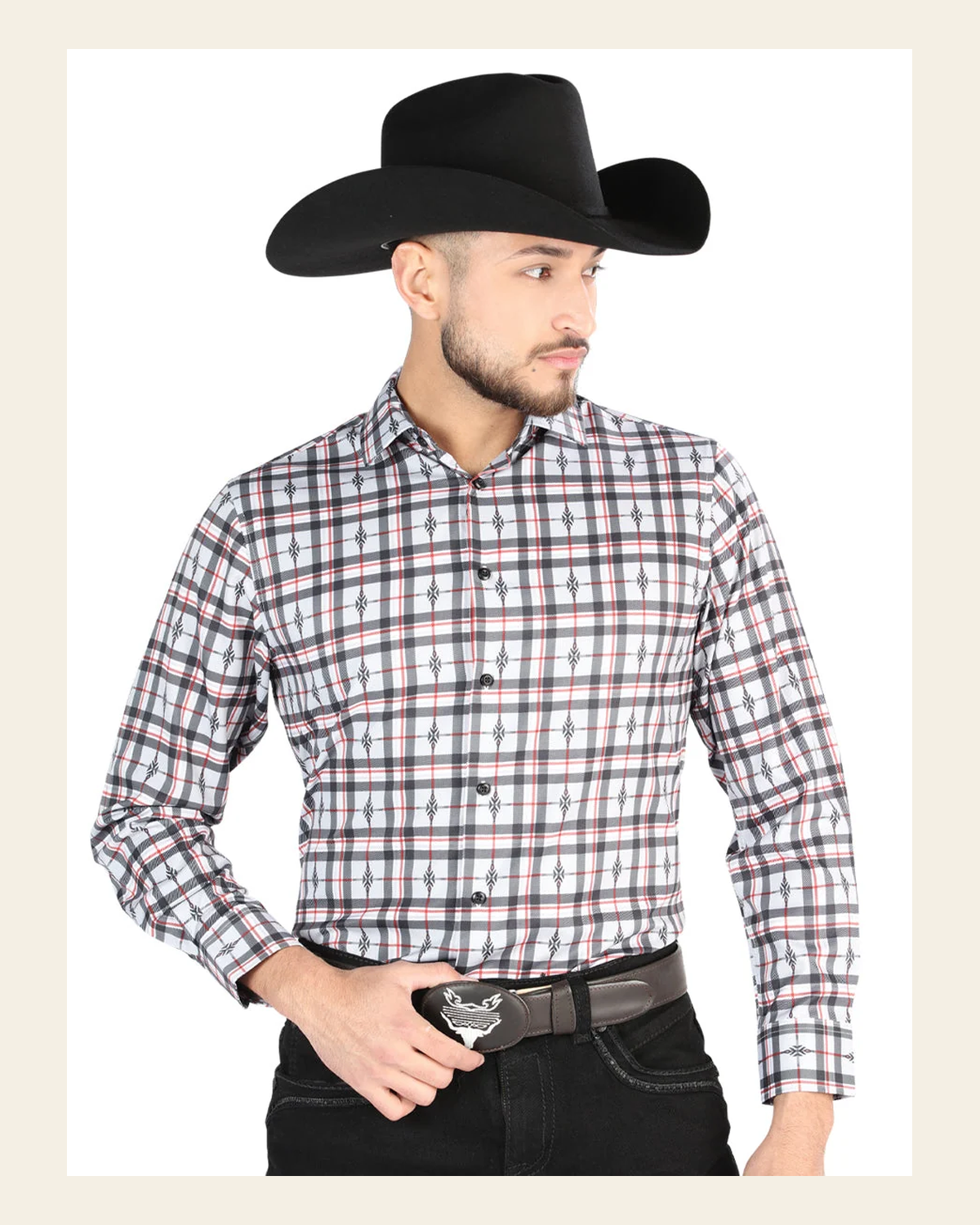 El General - Casual Long Sleeve Shirt - Black/White 44703 on a warm cream background