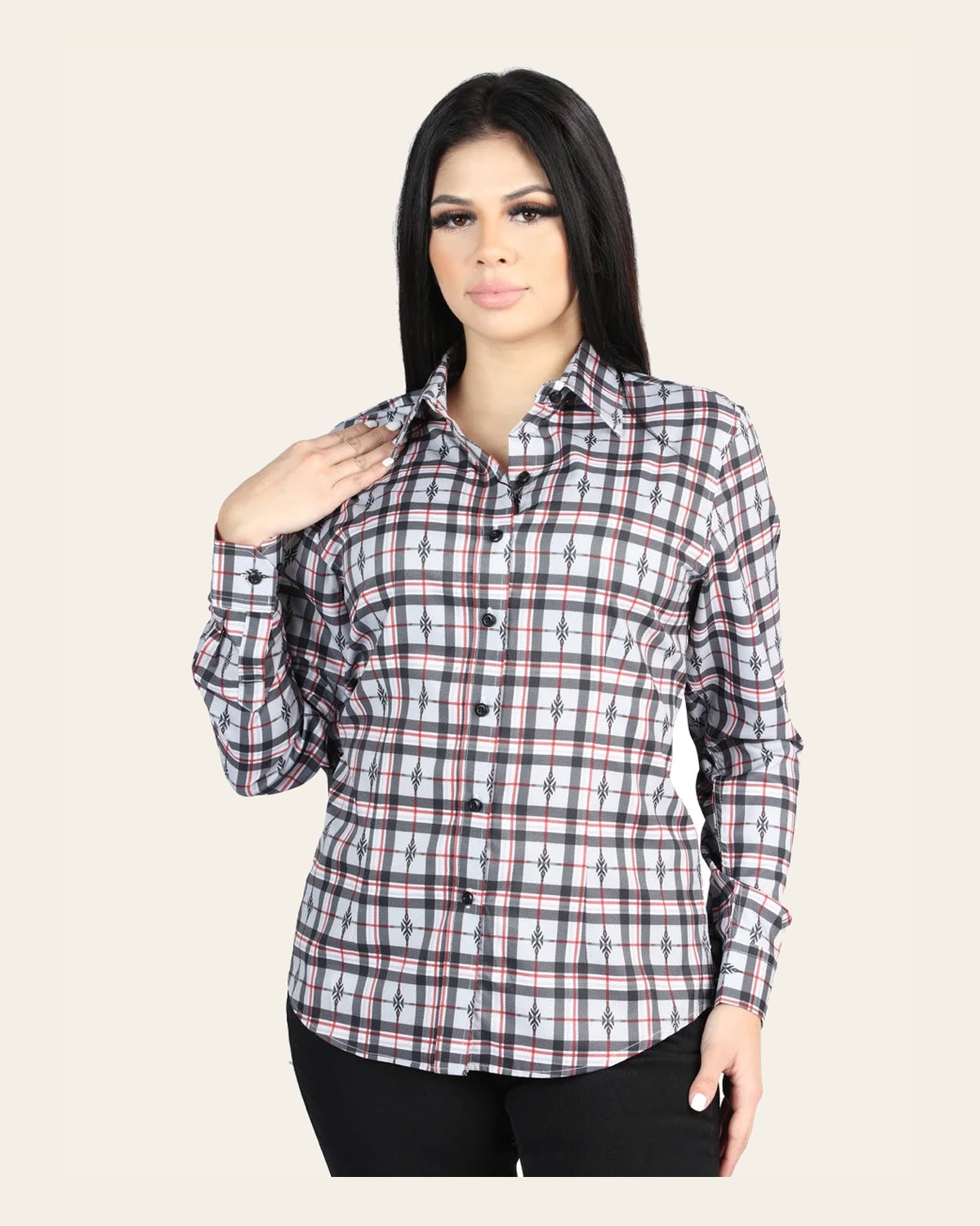 El General - Casual Long-Sleeve Shirt - Black/White 44720 on a warm cream background