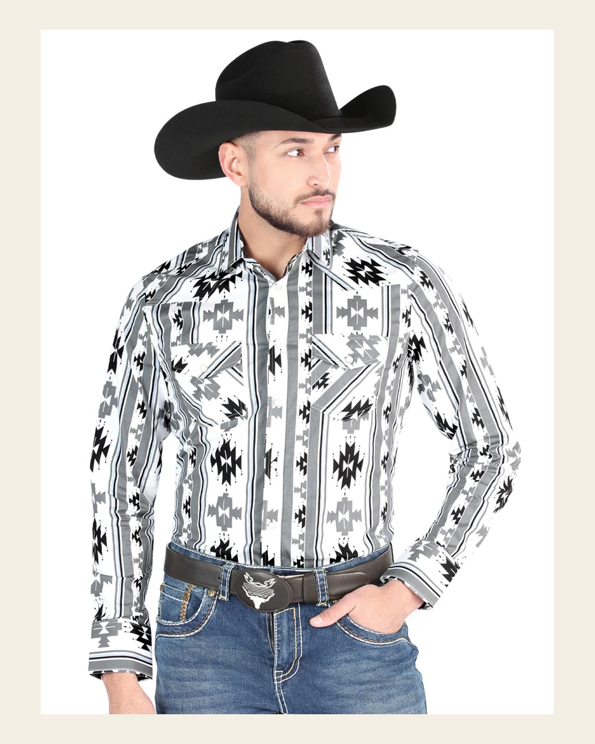 Men’s Long Sleeve Snap Button Western Shirt - White 44470 on a warm cream background
