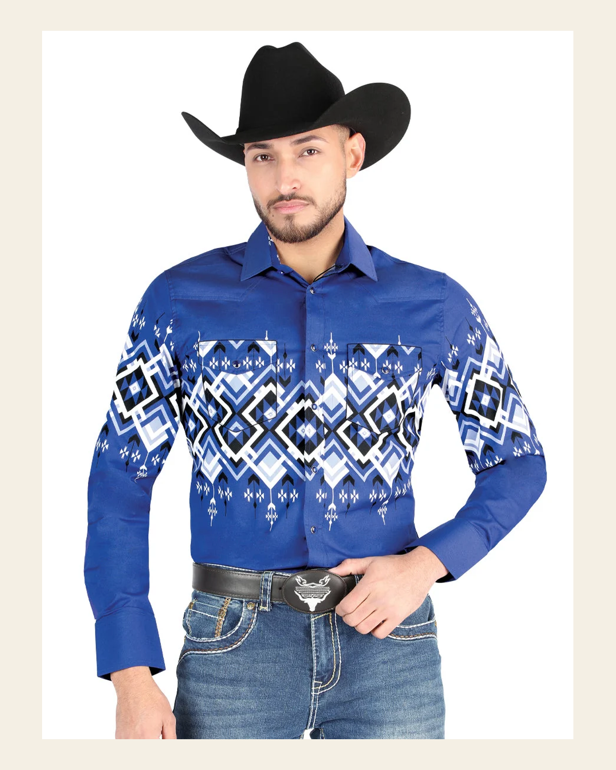 Men’s Long Sleeve Snap Button Western Shirt - Blue 44449 on a warm cream background