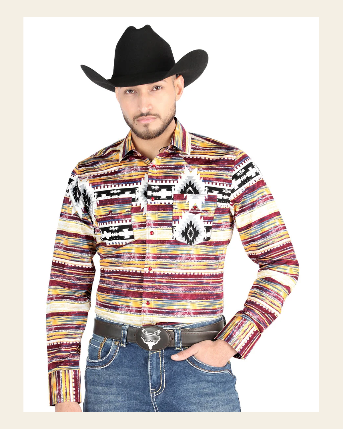 Men’s Long Sleeve Snap Button Western Shirt - Brown 44487 on a warm cream background
