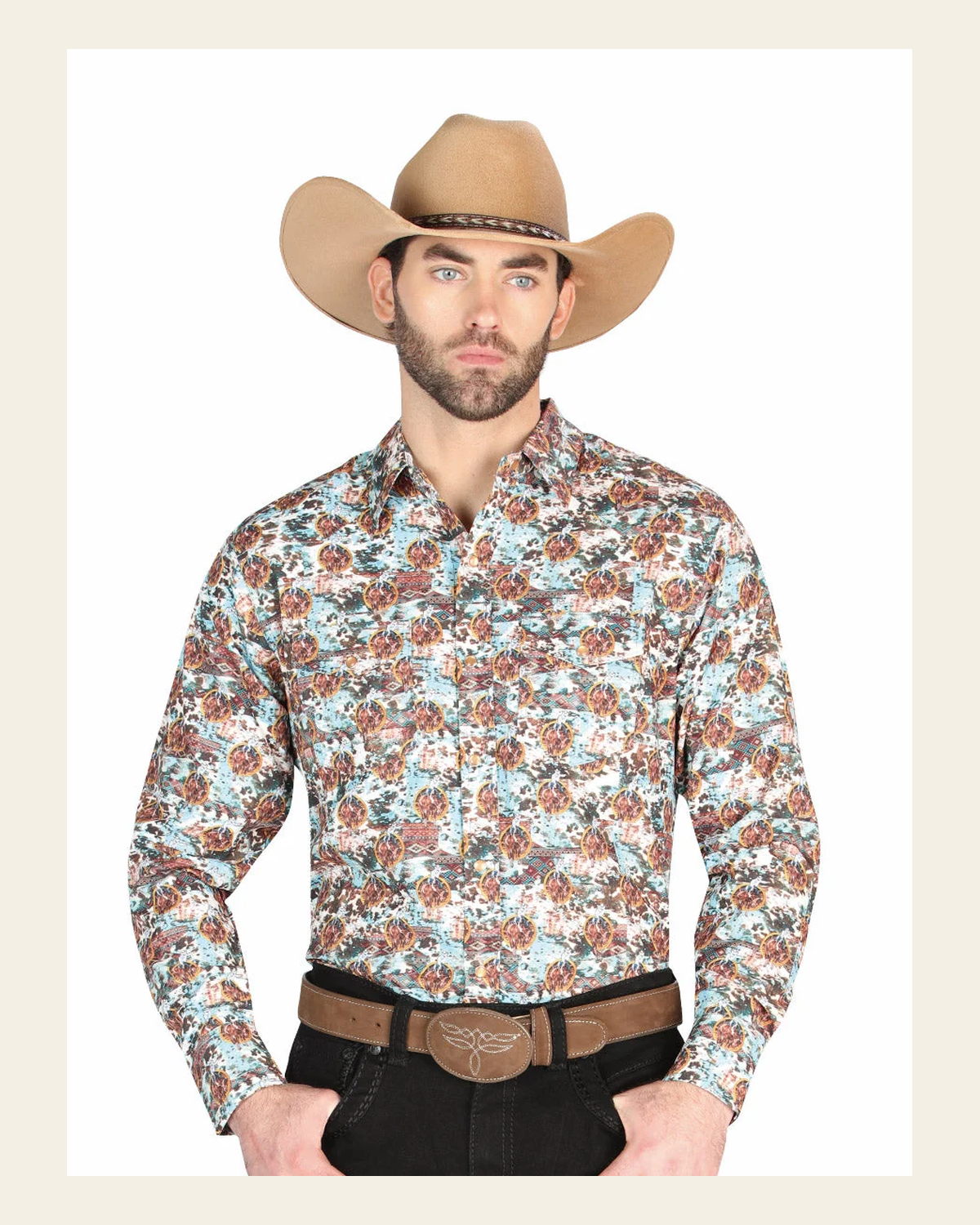 El General Men’s Long Sleeve Snap Button Western Shirt - Brown/Blue 44330 on a warm cream background