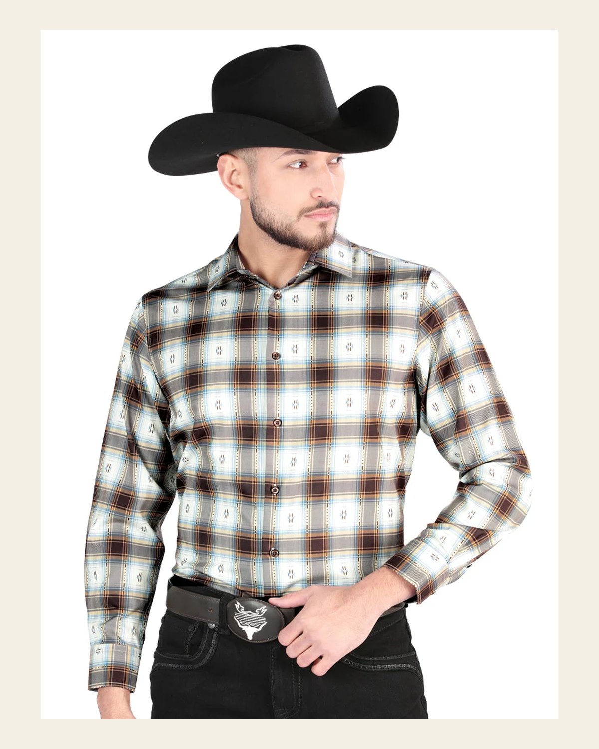 El General - Casual Long Sleeve Shirt - Brown/Sand 44700 on a warm cream background