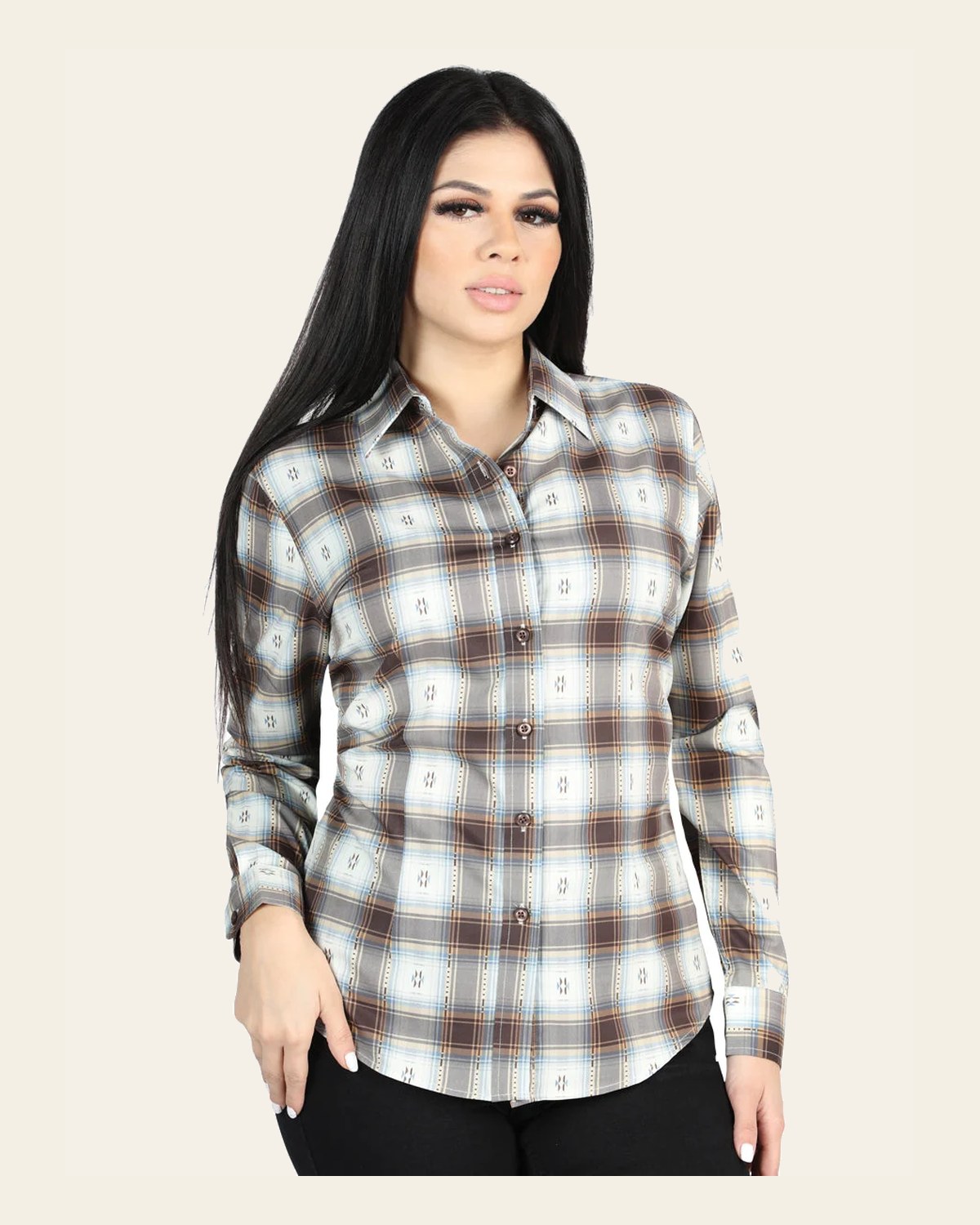 El General - Casual Long-Sleeve Shirt - Brown/Sand 44717 on a warm cream background