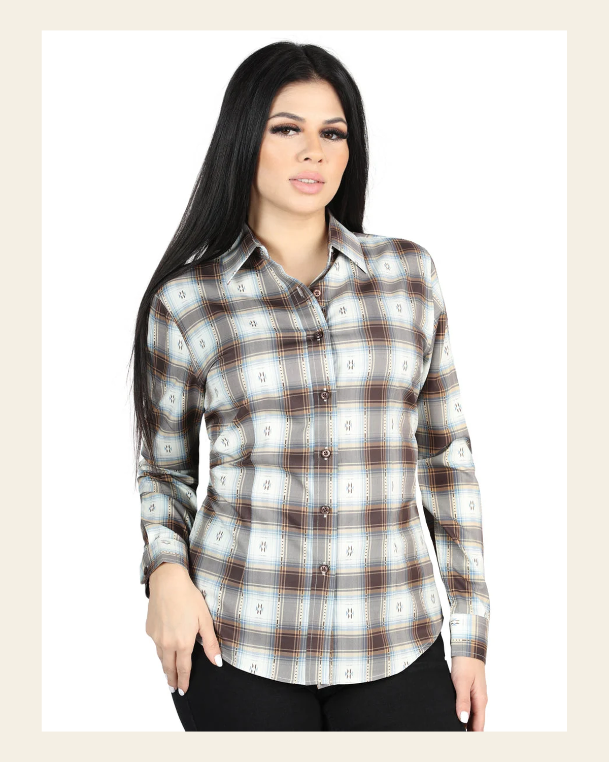 El General - Casual Long-Sleeve Shirt - Brown/Sand 44717 on a warm cream background