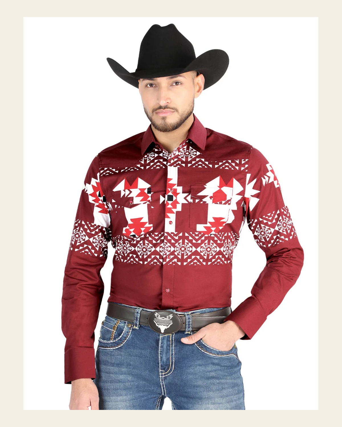 Men’s Long Sleeve Snap Button Western Shirt - Burgundy 44484 on a warm cream background
