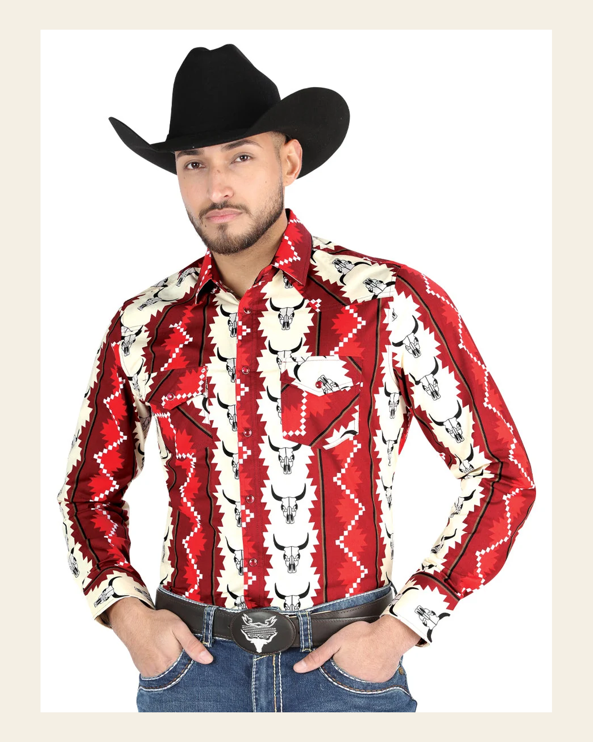 Men’s Long Sleeve Snap Button Western Shirt - Burgundy/Beige 44490 on a warm cream background