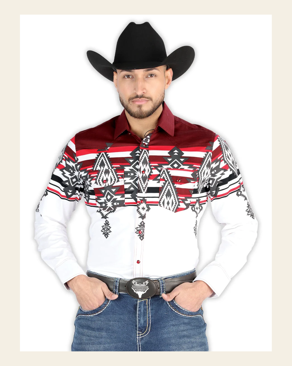 Men’s Long Sleeve Snap Button Western Shirt - White/Burgundy 44497 on a warm cream background
