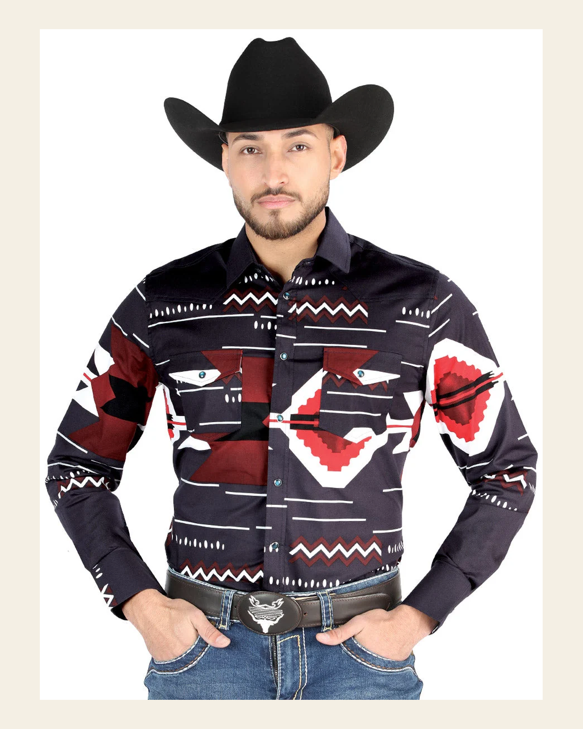 Men’s Long Sleeve Snap Button Western Shirt - Burgundy 44498 on a warm cream background