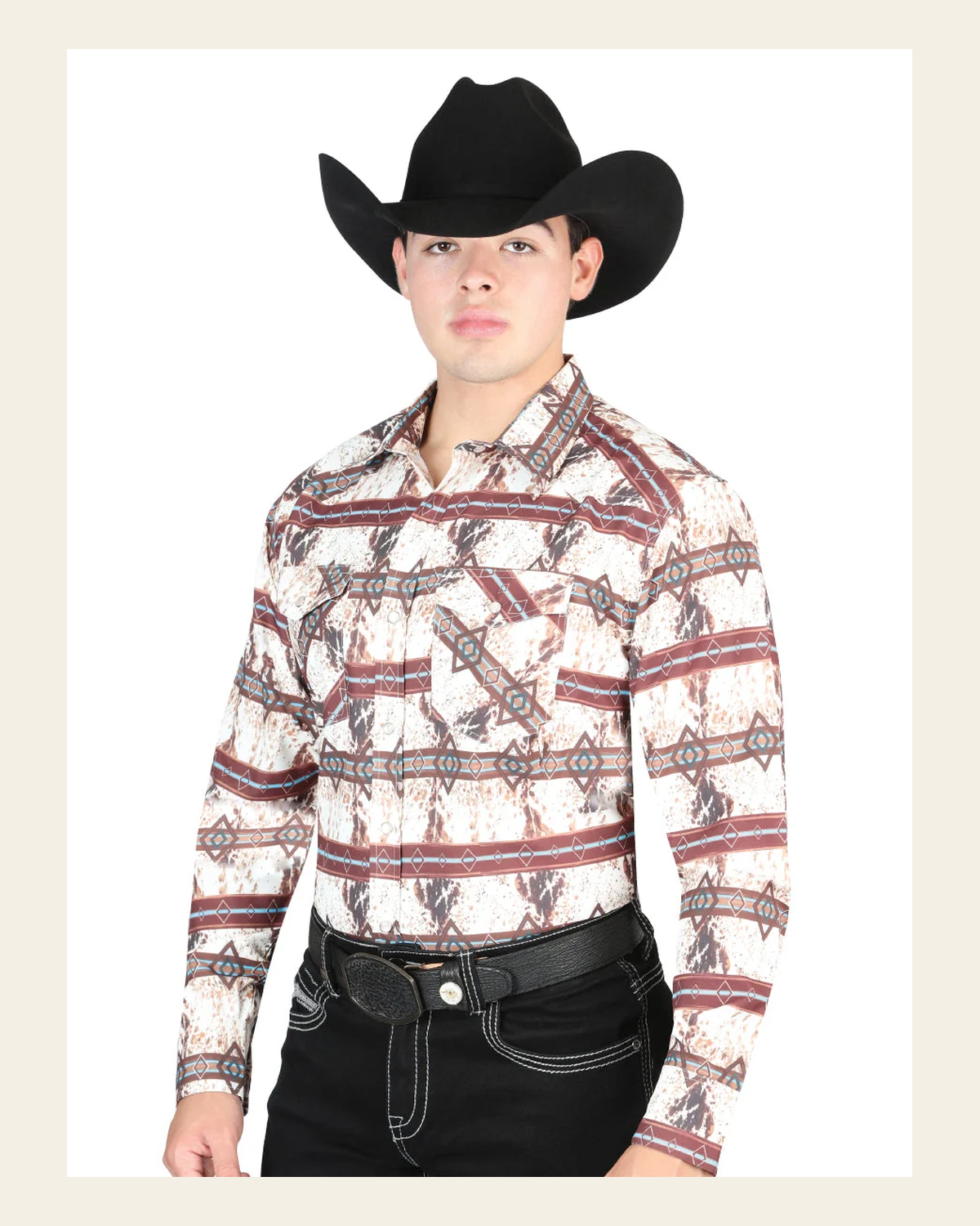 El General Men's Long Sleeve Western Fashion Snap Button Shirt - Brown 44312 on a warm cream background