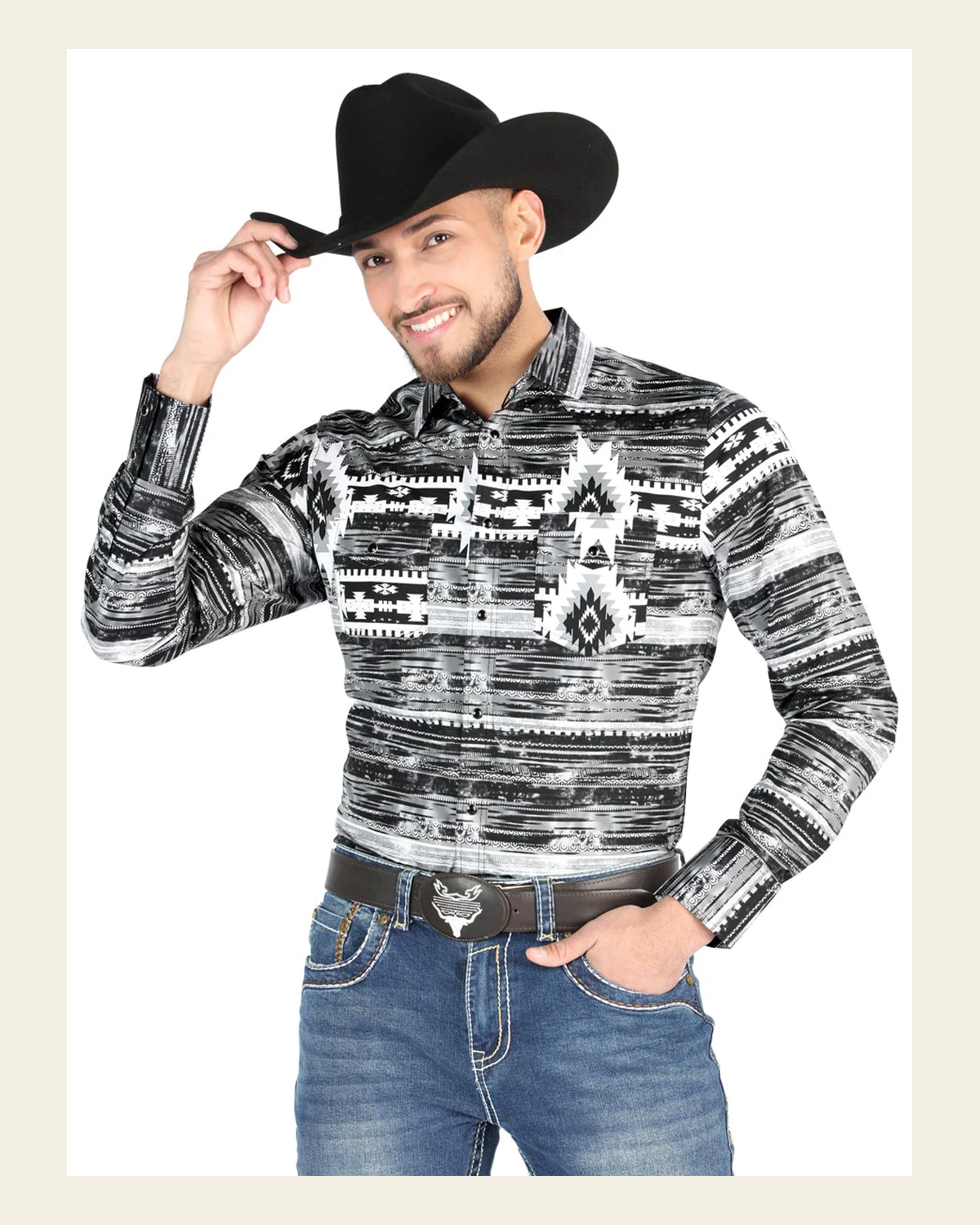 Men’s Long Sleeve Snap Button Western Shirt - Gray 44488 on a warm cream background