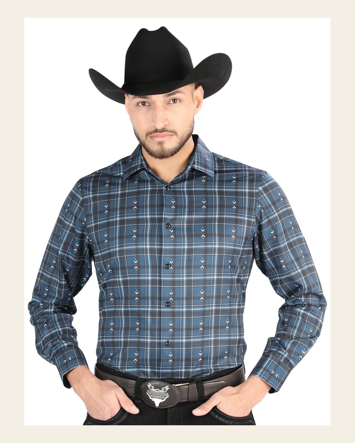 El General - Casual Long Sleeve Shirt - Gray/Blue 44706 on a warm cream background