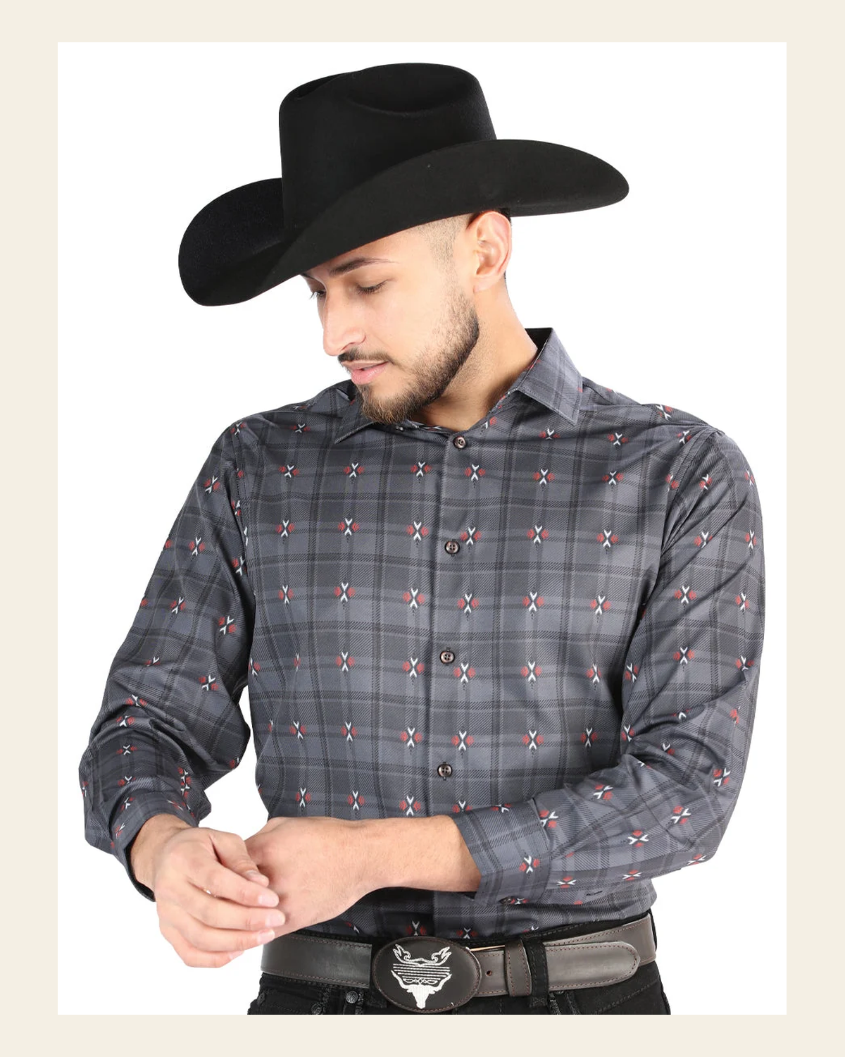 El General - Casual Long Sleeve Shirt - Gray/Brown 44708 on a warm cream background