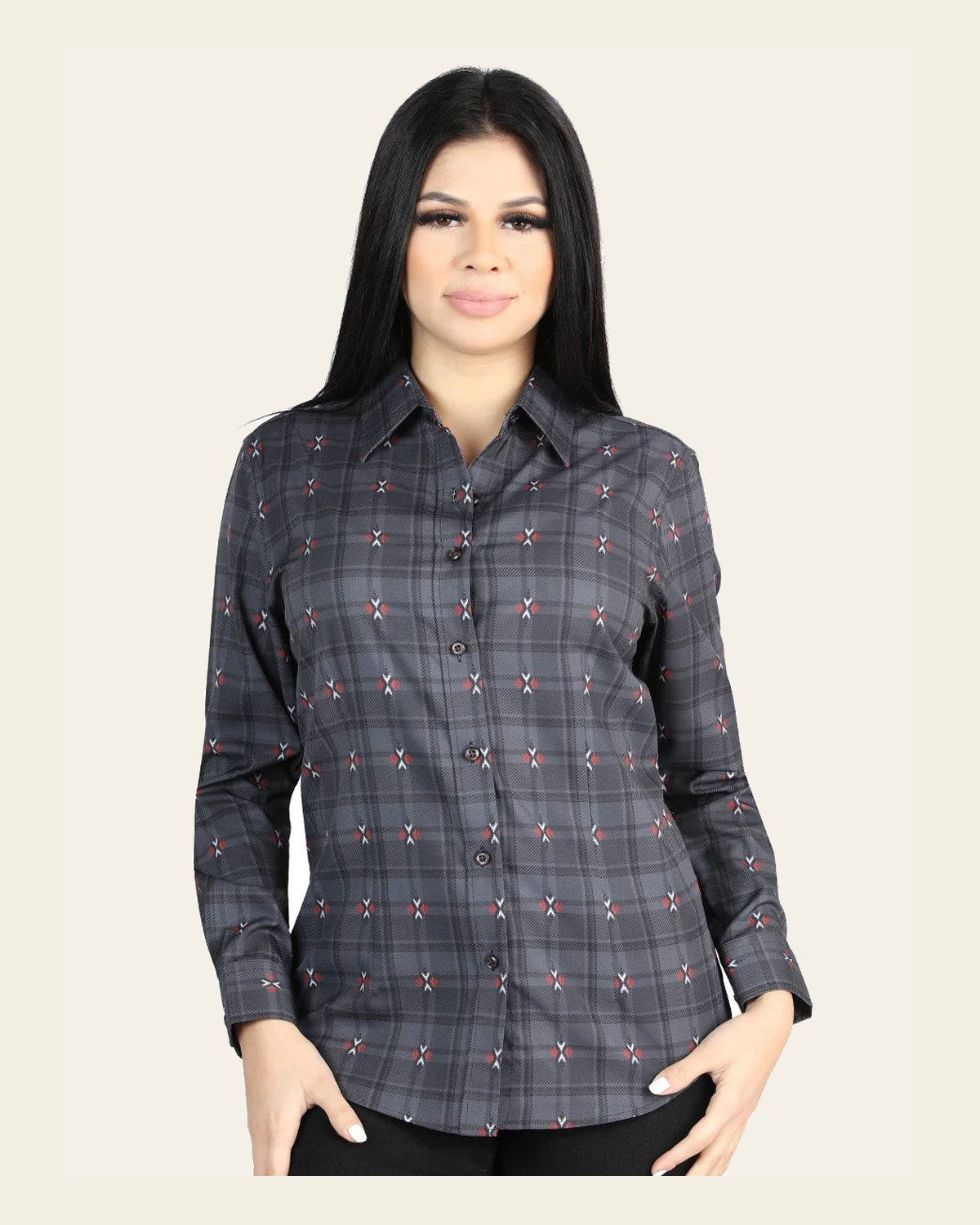 El General - Casual Long-Sleeve Shirt - Gray/Brown 44725 on a warm cream background